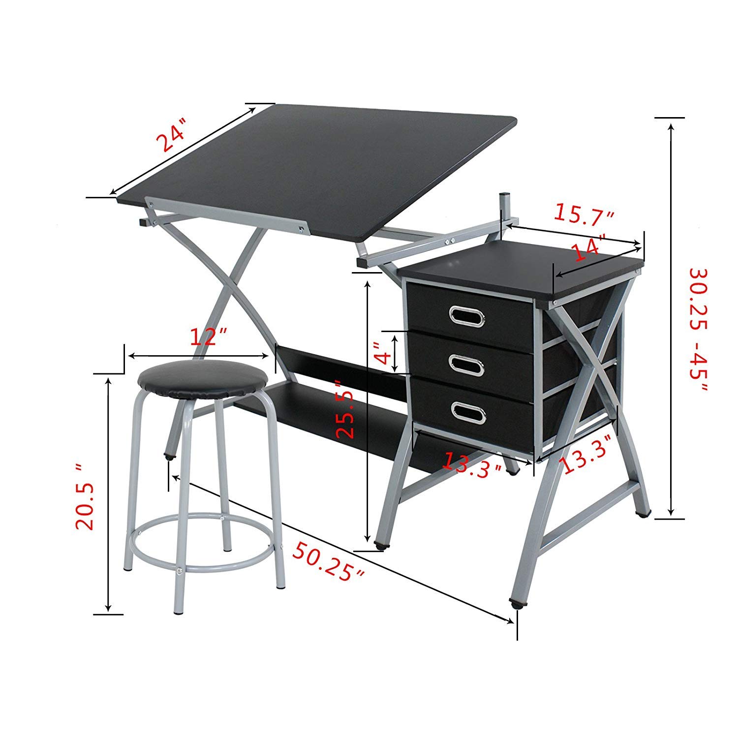 Saturnpower Adjustable Drafting Table - Art & Craft Drawing Desk with Stool & Drawers, Foldable Tilted Tabletop for Artists, Architects & Students | Perfect for Home Studio, Office & Classroom Workspaces