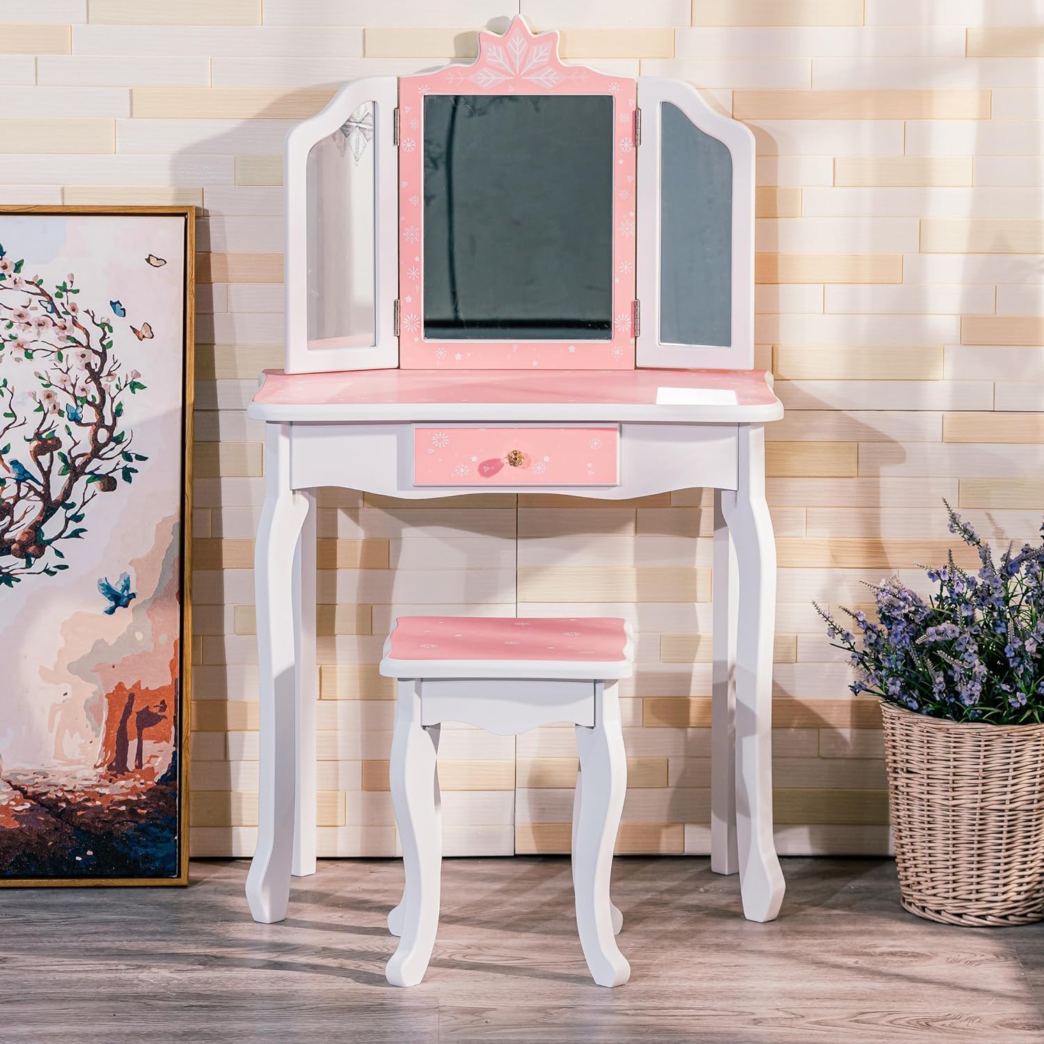 GAOMON Kids Vanity Table with Tri-Folding Mirror, Stool & Drawer - 2-in-1 Wooden Princess Makeup Desk & Dressing Table for Toddlers - Pretend Play Vanity Set for Girls (Perfect for Birthday Gifts, Bedroom Decor & Role Play Activities)