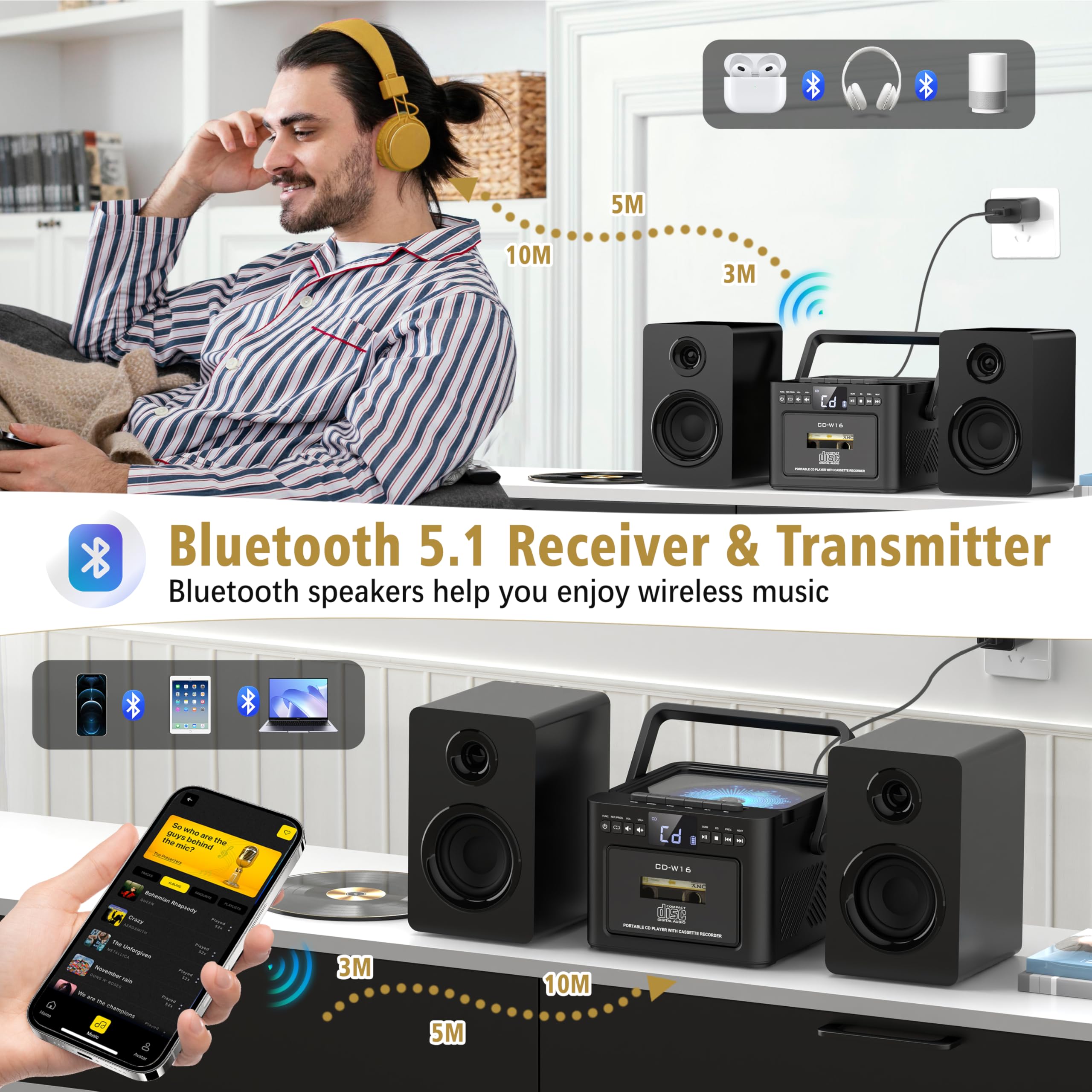 Bluetooth 5.1 Bookshelf Stereo System with Cassette & CD Player - 40W Powerful Speakers, FM Radio, Tape Recording, LCD Display, USB/AUX, Remote Control - Perfect for Home, Office & Retro Music Lovers