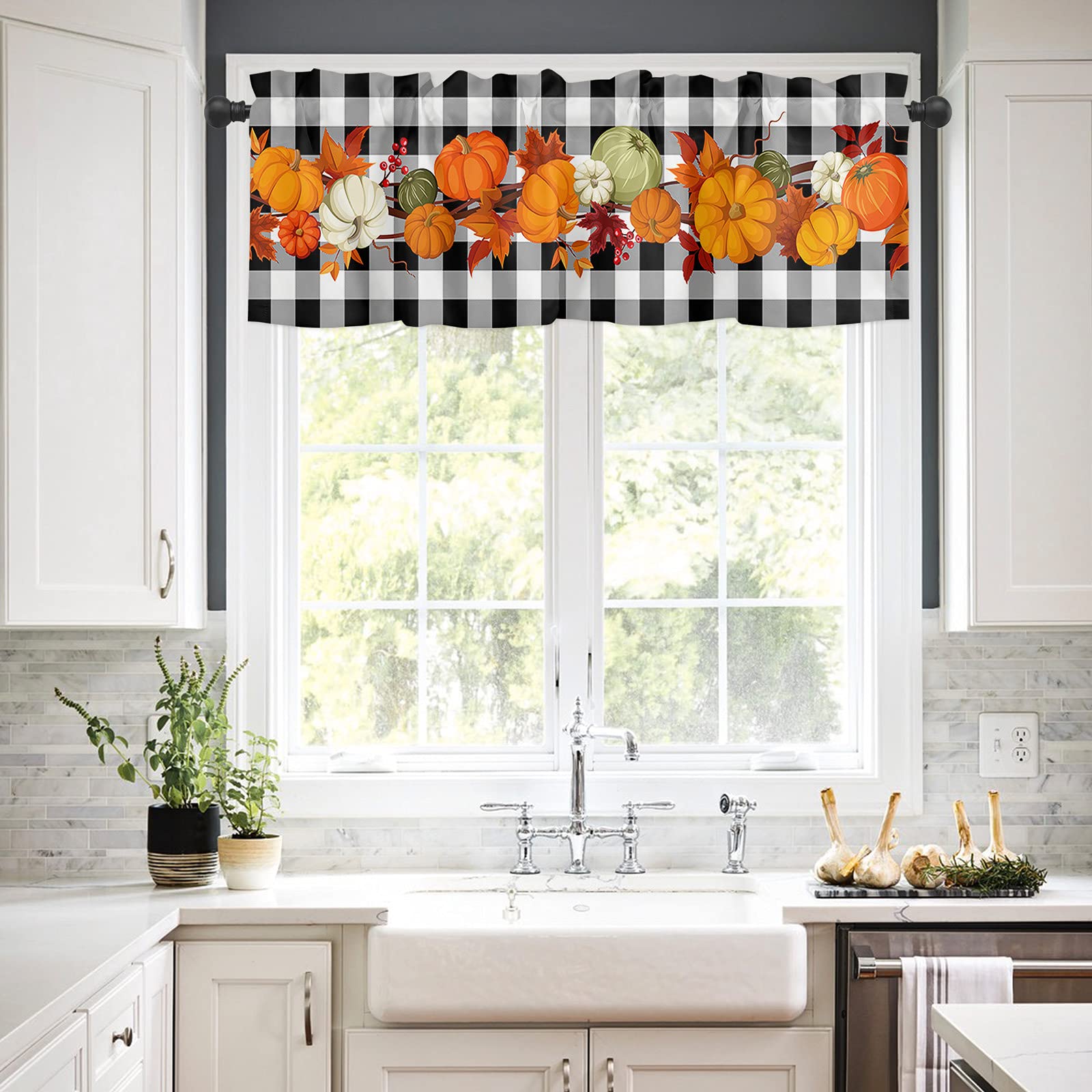 Thanksgiving Pumpkin Maple Leaves Buffalo Plaid Black White Valance Window Curtains - 54x18 Inch Rod Pocket Panel for Kitchen, Bedroom, Dining Room & Living Room Windows - Seasonal Home Decor for Fall & Autumn