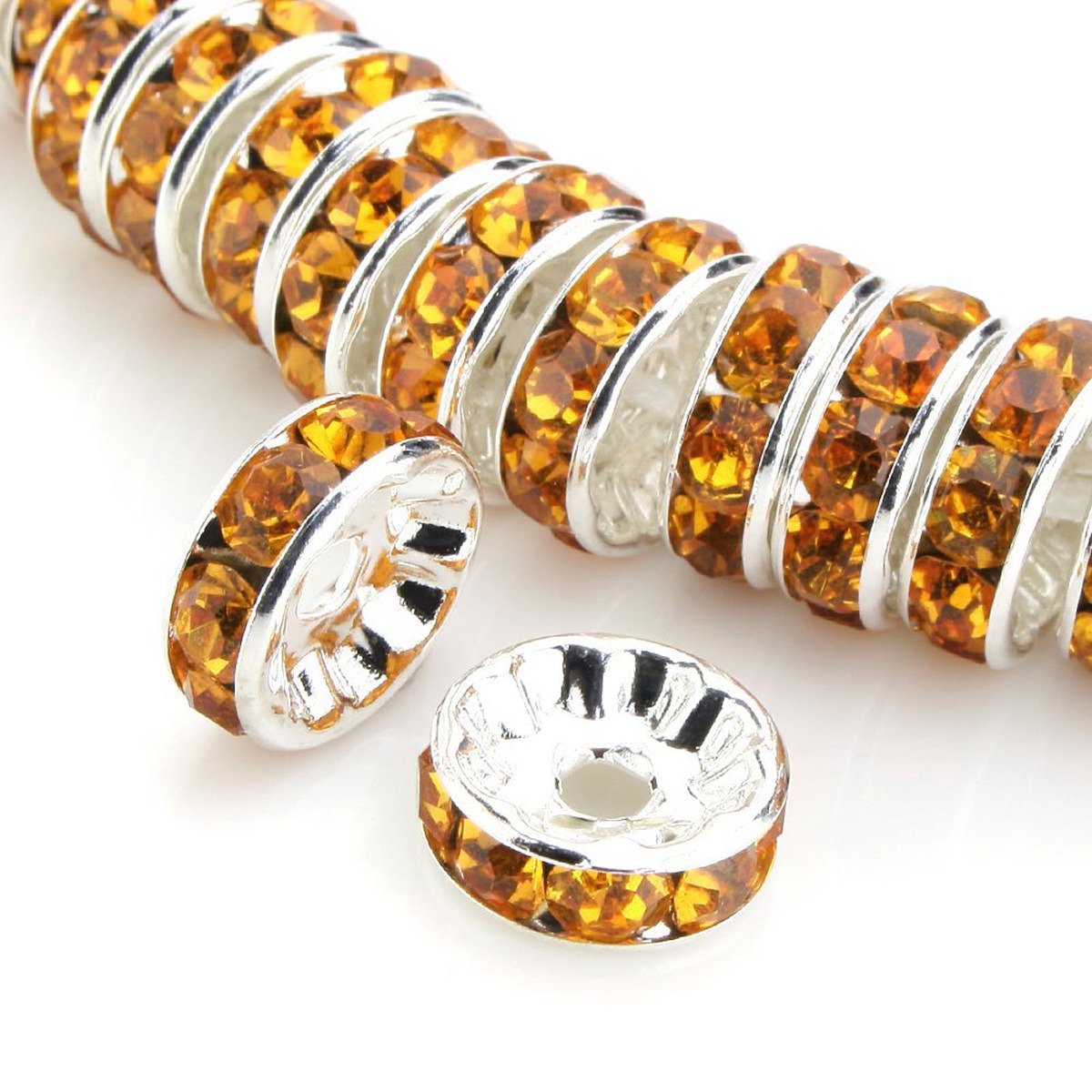 200pcs AAA Grade Rhinestone Rondelle Spacer Beads 6mm (0.24 Inch) - Topaz Yellow Crystal Silver Plated Brass Beads for DIY Jewelry Making, Crafting, Bracelets & Necklace Design - Perfect for Wedding, Party & Gift Accessories