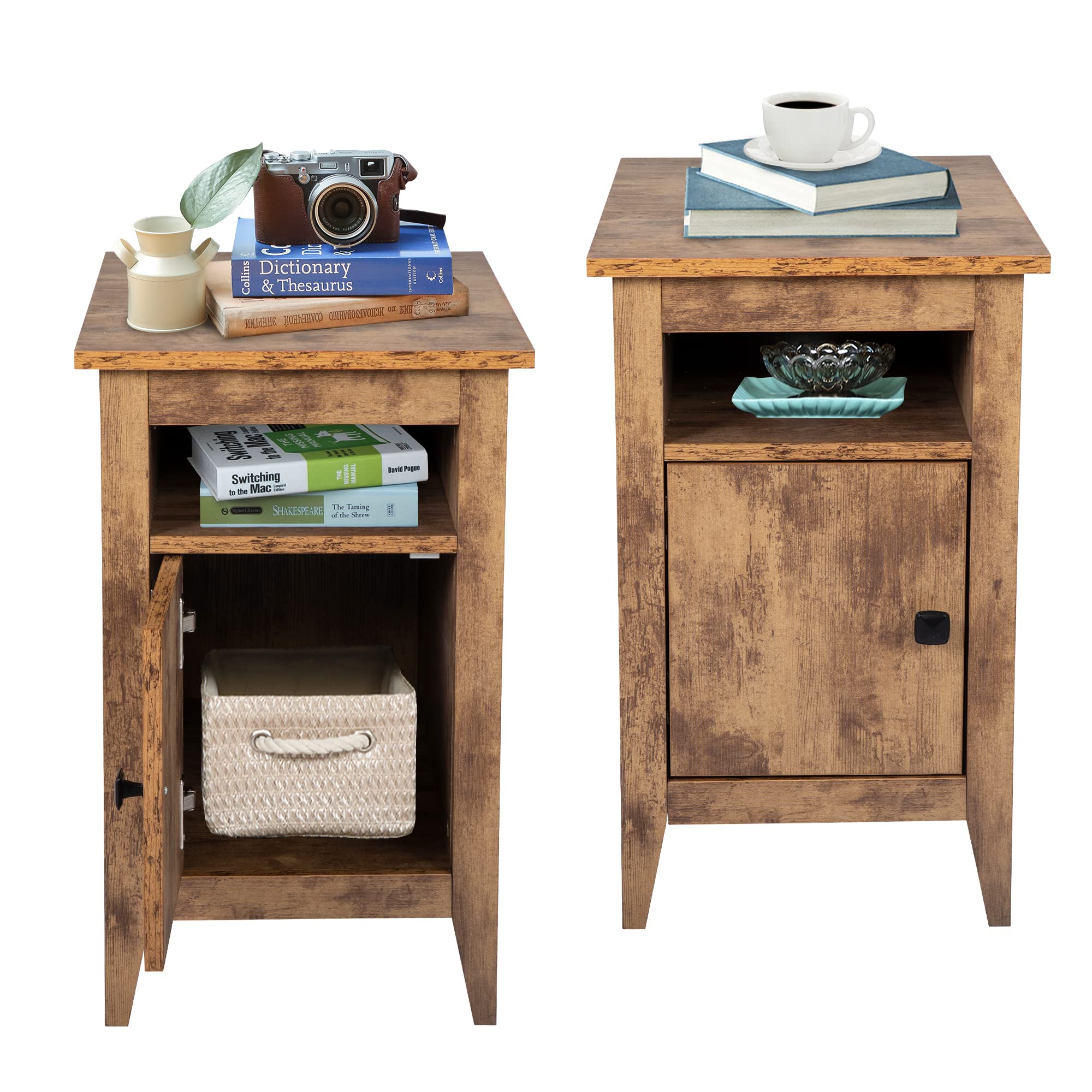 JAXPETY Set of 2 Rustic Brown Wooden Narrow Nightstands with Open Shelf & Large Cabinet - End Table, Sofa Table, Side Table for Bedroom, Living Room, Home Decor | Perfect for Small Spaces, Apartment Furniture & Modern Farmhouse Style