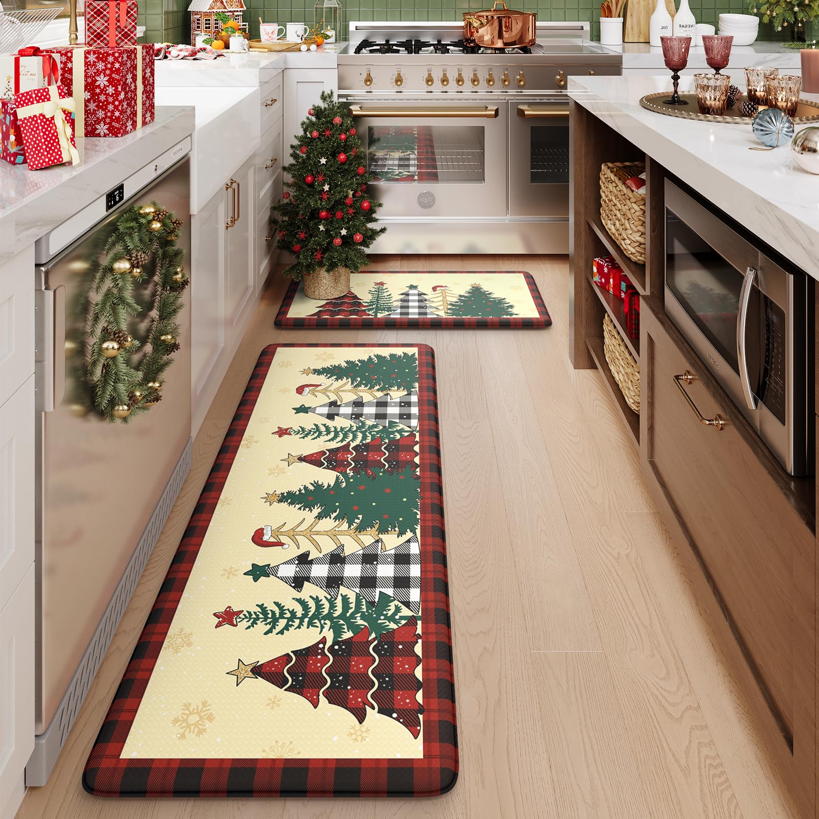 KIMODE Christmas Tree Kitchen Rugs - 2-Piece Anti-Fatigue Memory Foam Floor Mats for Kitchen, Office & Laundry - Non-Slip Standing Desk Mats (17