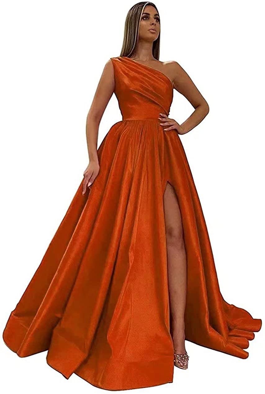 Elegant One Shoulder Bridesmaid Dress for Women - Satin Prom Gown with High Slit, A-Line Formal Evening Dress for Weddings, Parties & Special Occasions