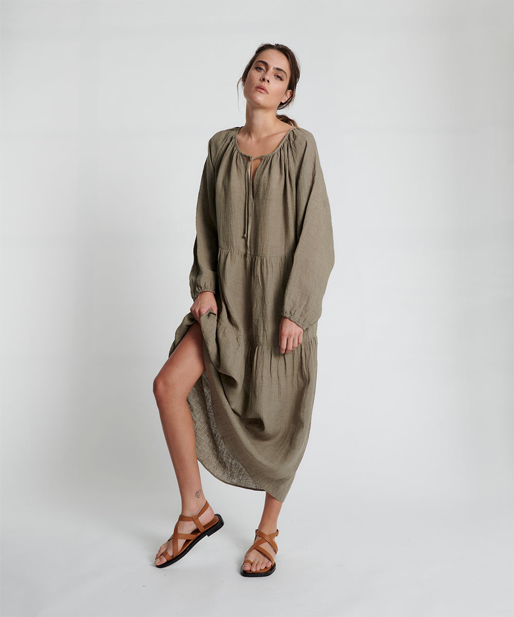 Elegant Linen Ayra Tiered Dress for Women - Boho Summer Maxi Dress for Beach, Vacation & Casual Outings