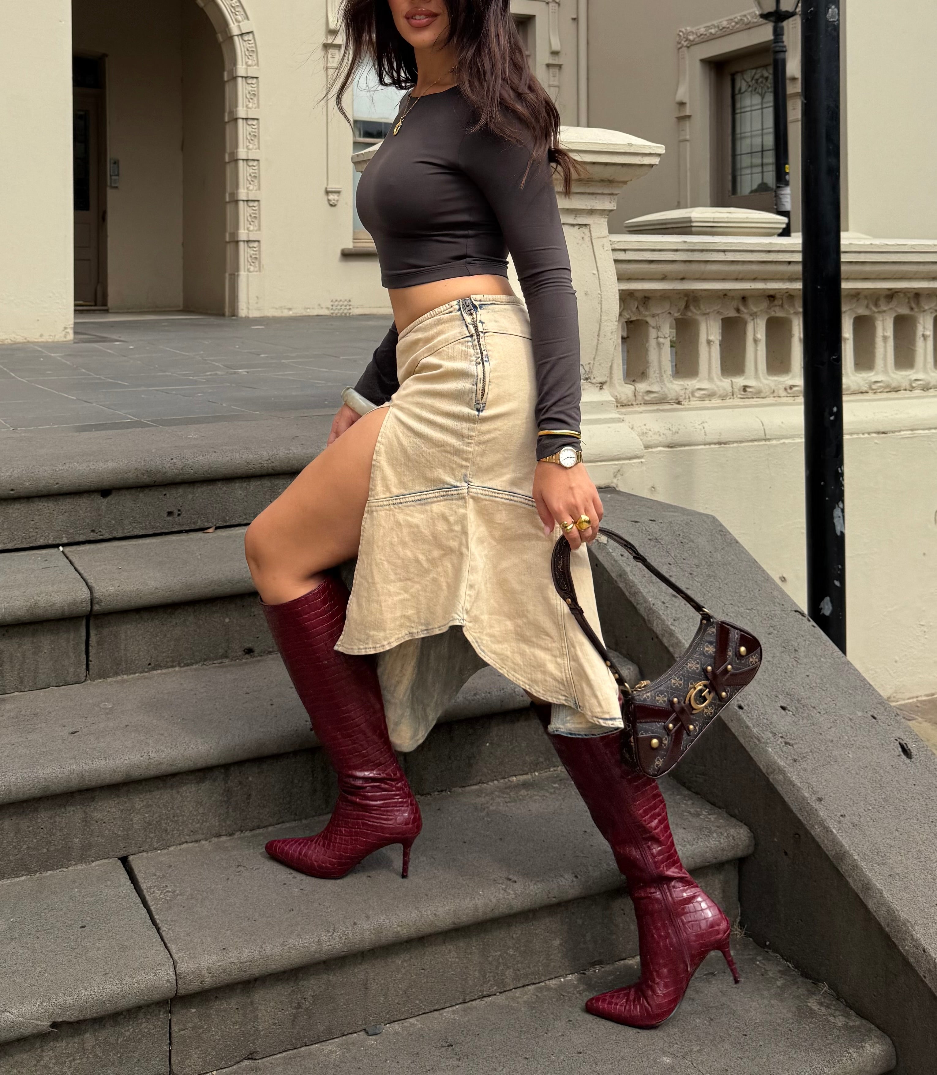 Bessie Women's Knee High Tall Boots in Wine Croc Embossed Leather - Stylish Winter & Fall Fashion for Casual Outfits and Office Wear