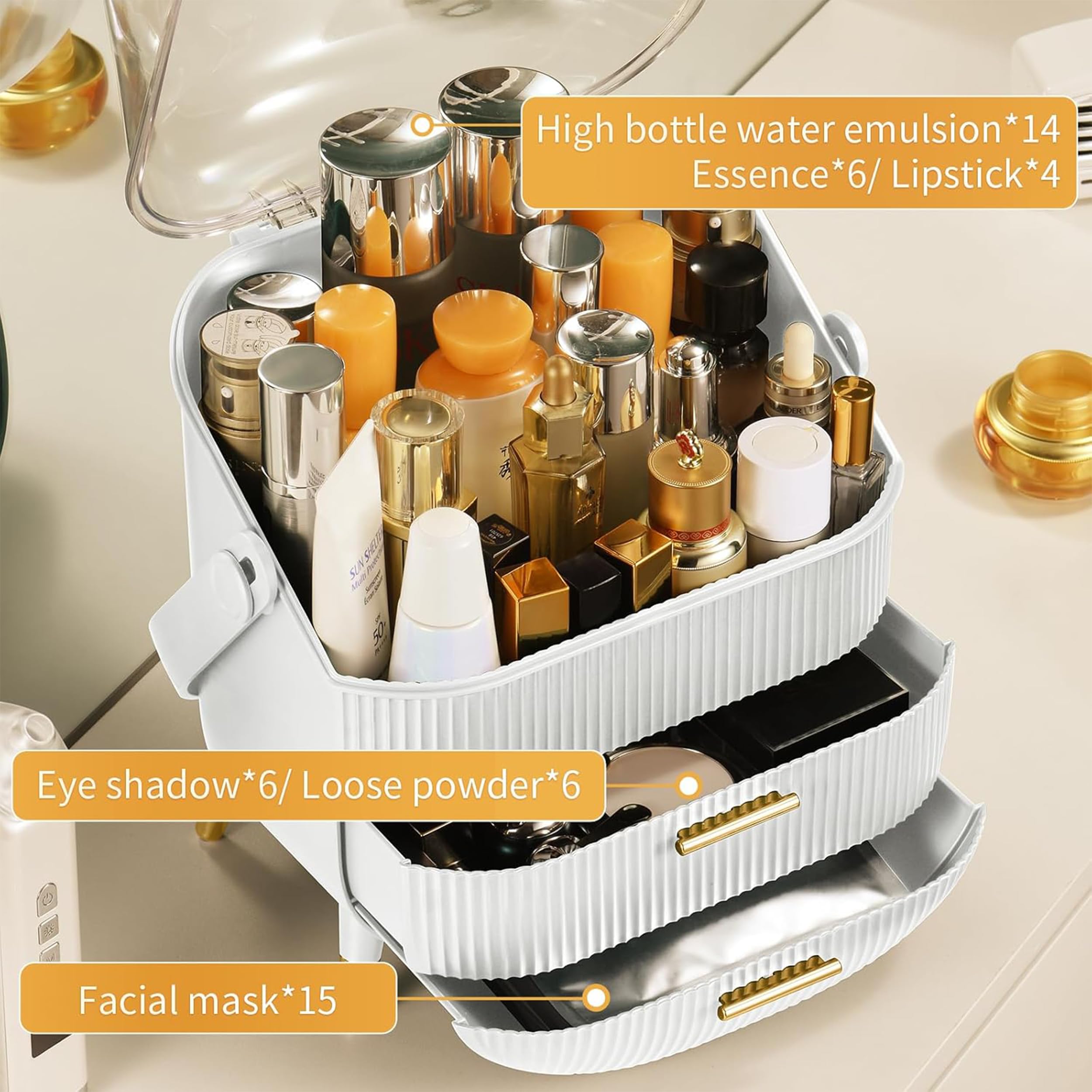Onomie Makeup Organizer with Lid & Drawers - Vanity Cosmetic Storage Case for Skincare & Beauty Products - Countertop, Bathroom, Dresser Display (White T1) - Perfect for Daily Beauty Routine & Travel Organization
