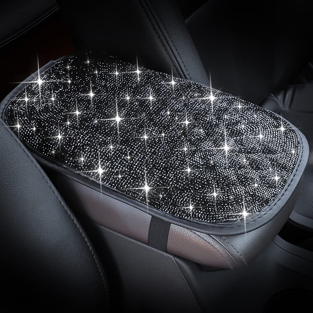 OTOSTAR Bling Bling Crystal Car Armrest Cover - Universal Center Console Protector with Luster Finish - Black Auto Interior Accessories for Comfort & Style (Perfect for Sedans, SUVs & Luxury Vehicles)