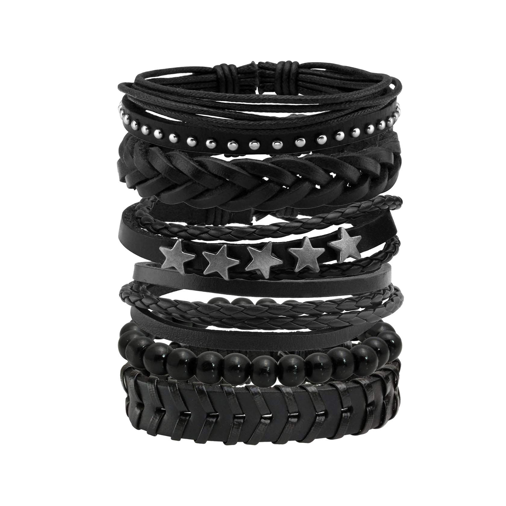 4-10 Pcs Adjustable Leather Bracelets Set for Women & Men - Braided Wooden Beads Wrap Cuff Cord - Boho Style Wristbands for Casual Wear, Gifts & Festival Accessories