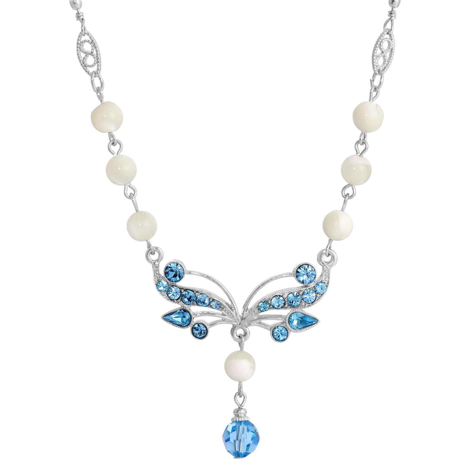 1928 Jewelry Aquamarine Crystal Mother of Pearl Drop Necklace - 16
