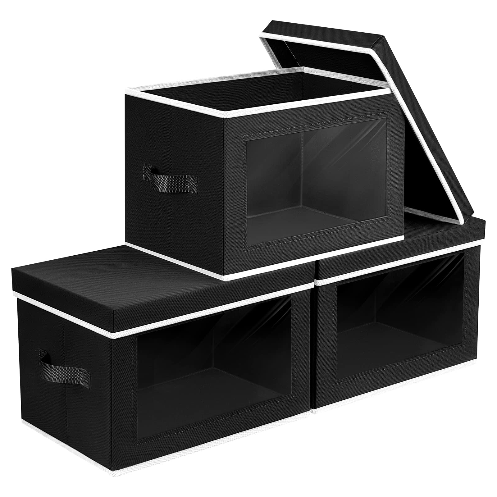 Collapsible Storage Bins with Lids & Handles - 3 Pack Fabric Closet Organizers with See-Through Window for Clothes, Towels, Books - Perfect for Bedroom, Closet, Nursery & Office Organization (Black)