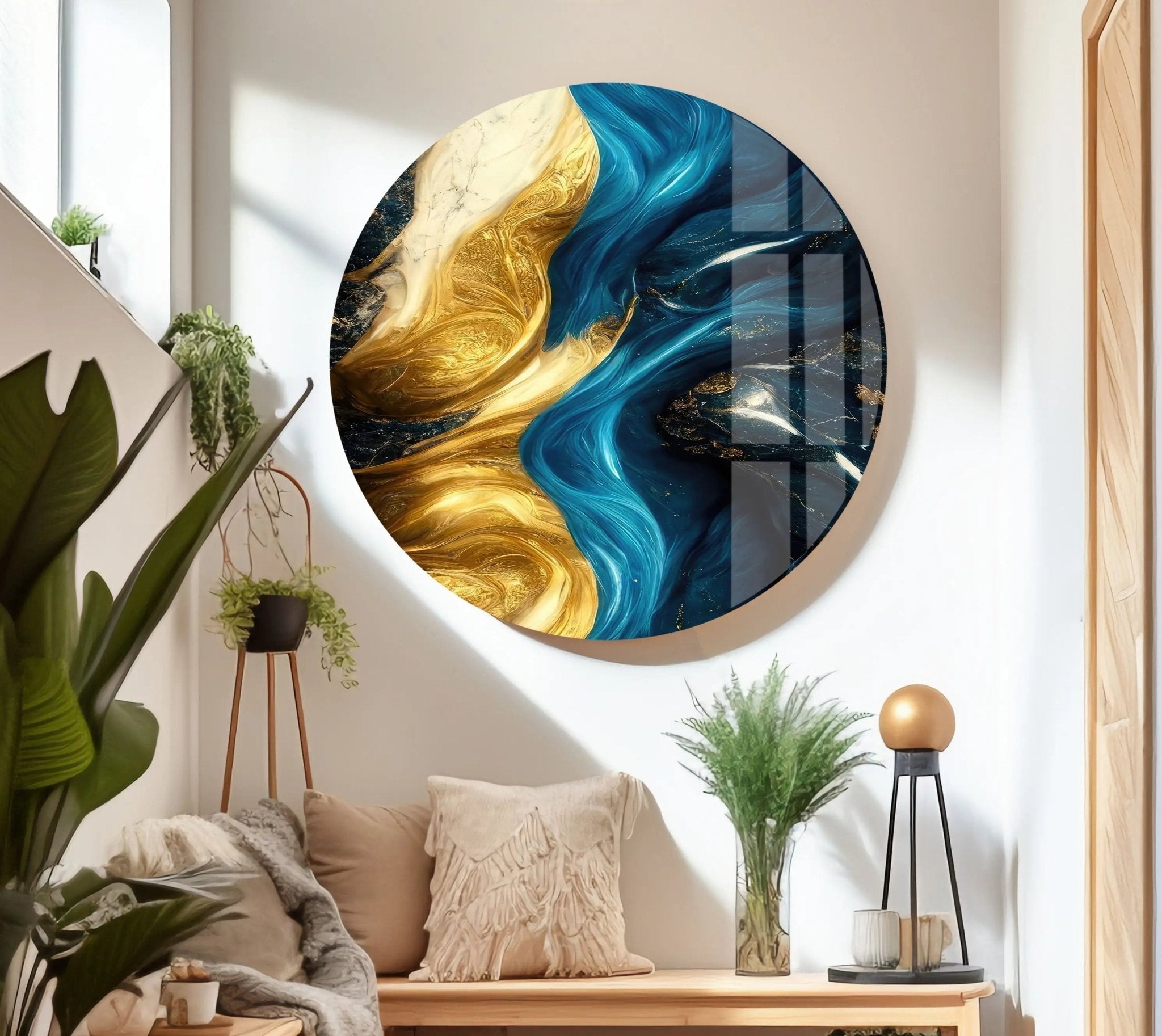 Abstract Marble Blue and Gold Glass Wall Art - Modern Home Decor for Living Room, Bedroom & Office - Elegant Handmade Glass Panel for Wall Display
