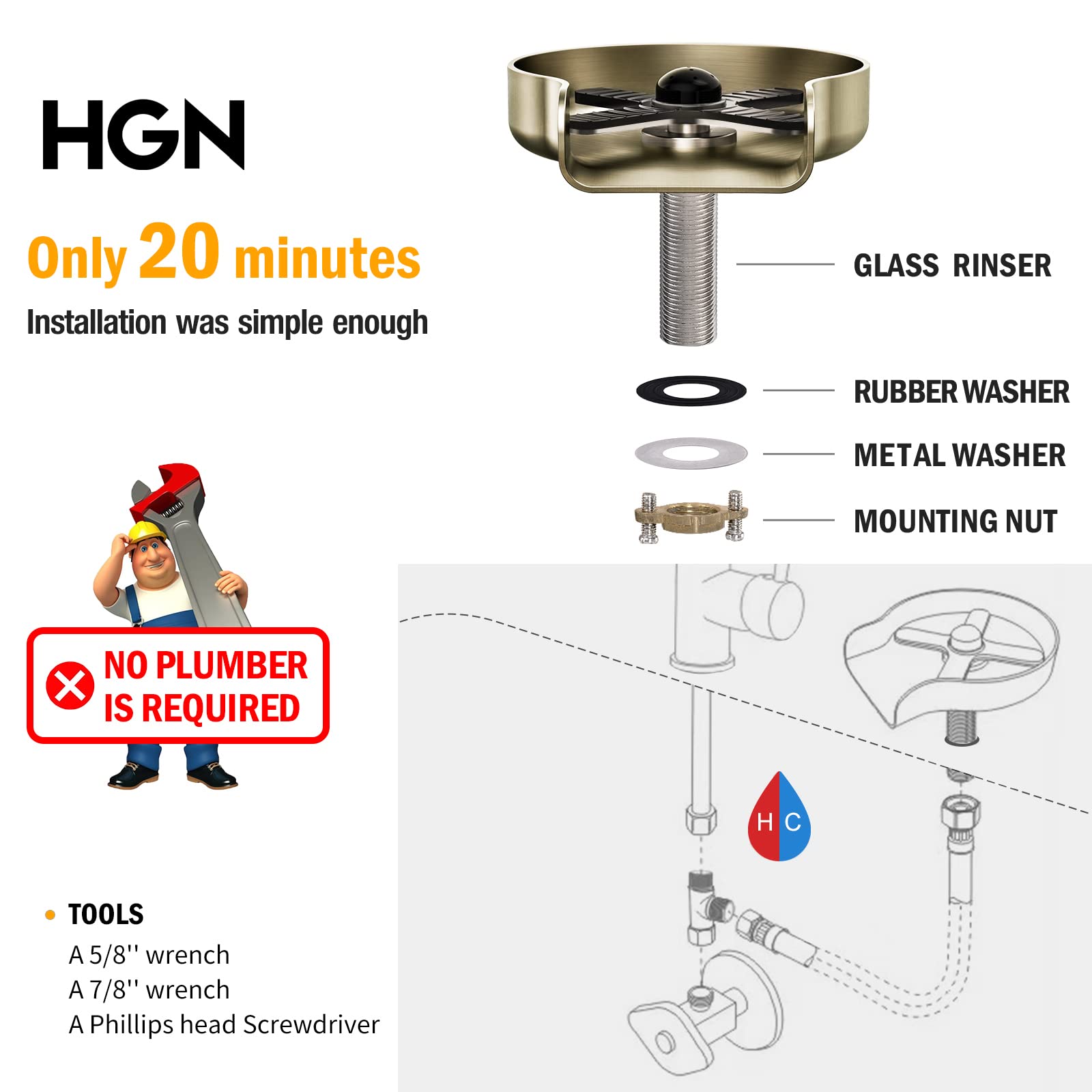 Premium Stainless Steel Glass Rinser for Kitchen Sinks - Bottle & Cup Washer for Bar, Home & Restaurant Use - Brushed Gold Finish Sink Accessory - Perfect for Wine Glasses, Baby Bottles & Coffee Mugs