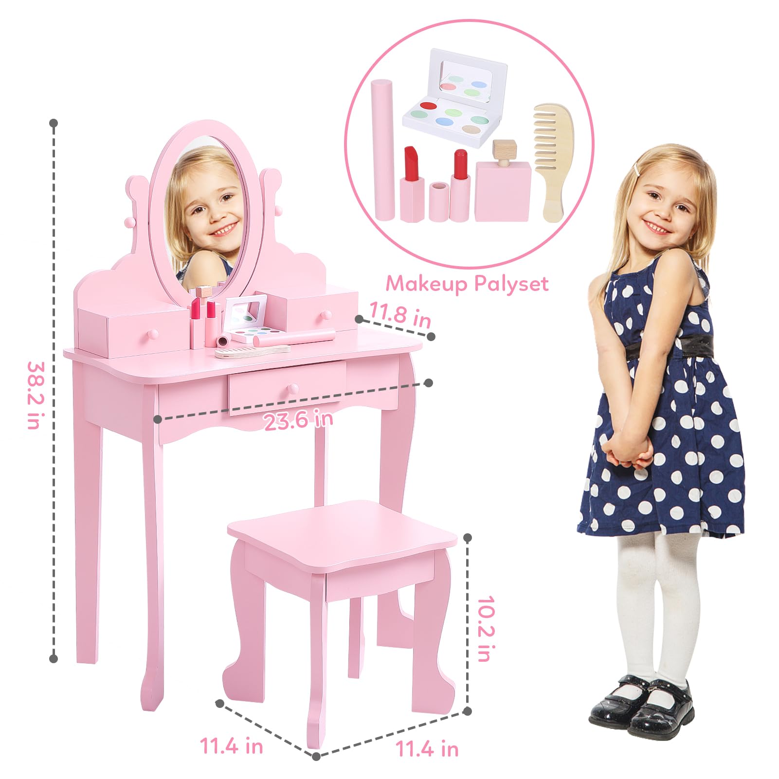 Pink Wooden Kids Vanity Set with Mirror, Makeup Table & Stool for Girls Ages 4-9 | Pretend Play Dress Up Station | Birthday Gift for Little Princess | Perfect for Bedroom Decor & Role Play Games