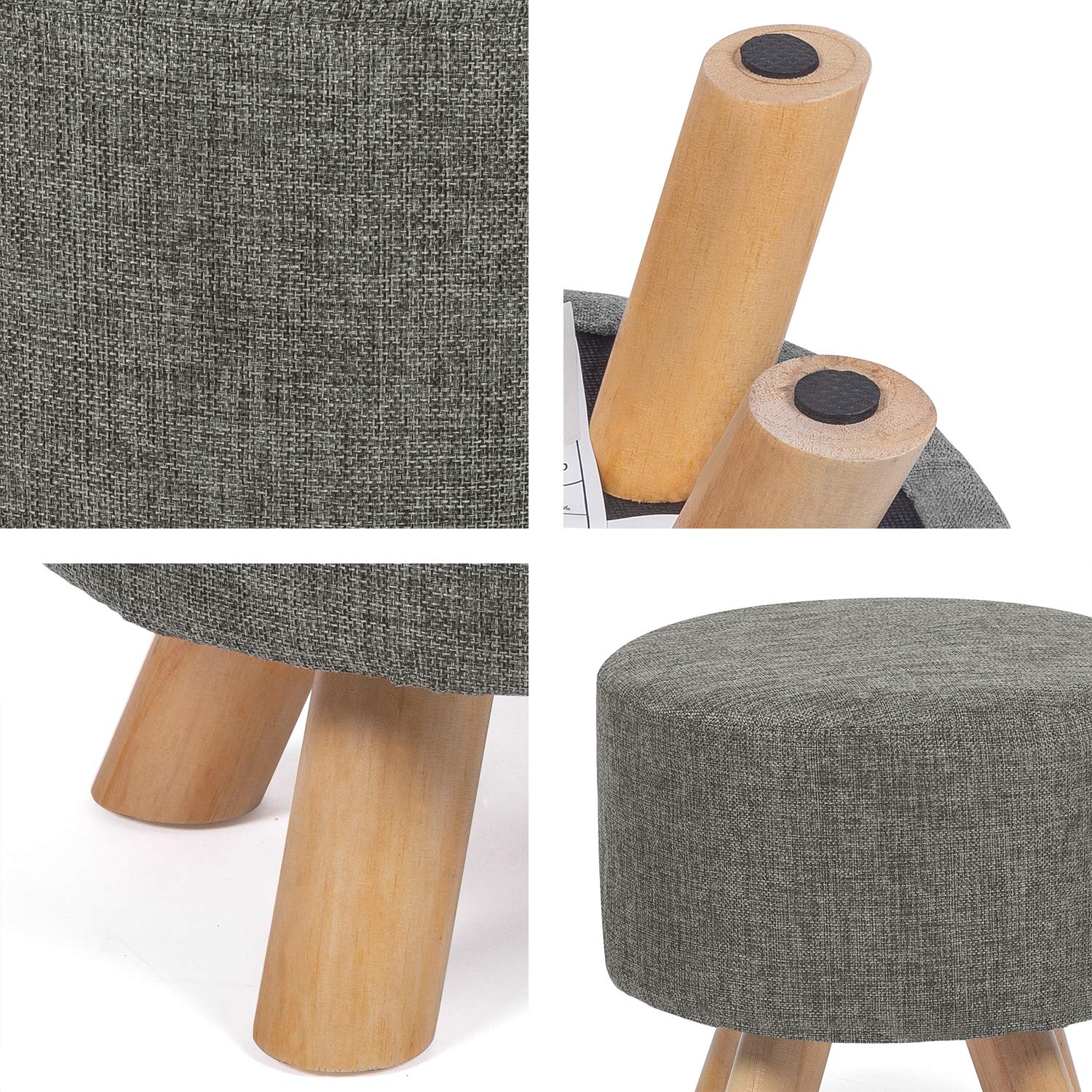 Homebeez Round Ottoman Foot Rest Stool - Soft Fabric Small Footstool with Non-Skid Wood Legs, Gray - Perfect for Living Room, Bedroom & Office Comfort