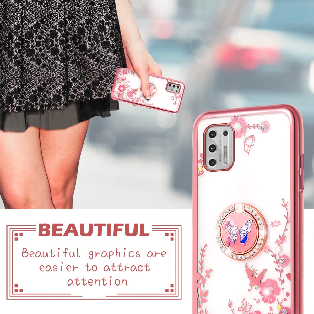 Motorola Moto G Stylus 2021 4G Phone Case with Ring Kickstand & Lanyard - Cute Floral Shockproof Protective Cover for Women (Rose Butterfly) | Perfect for Daily Use, Work, and Travel Protection