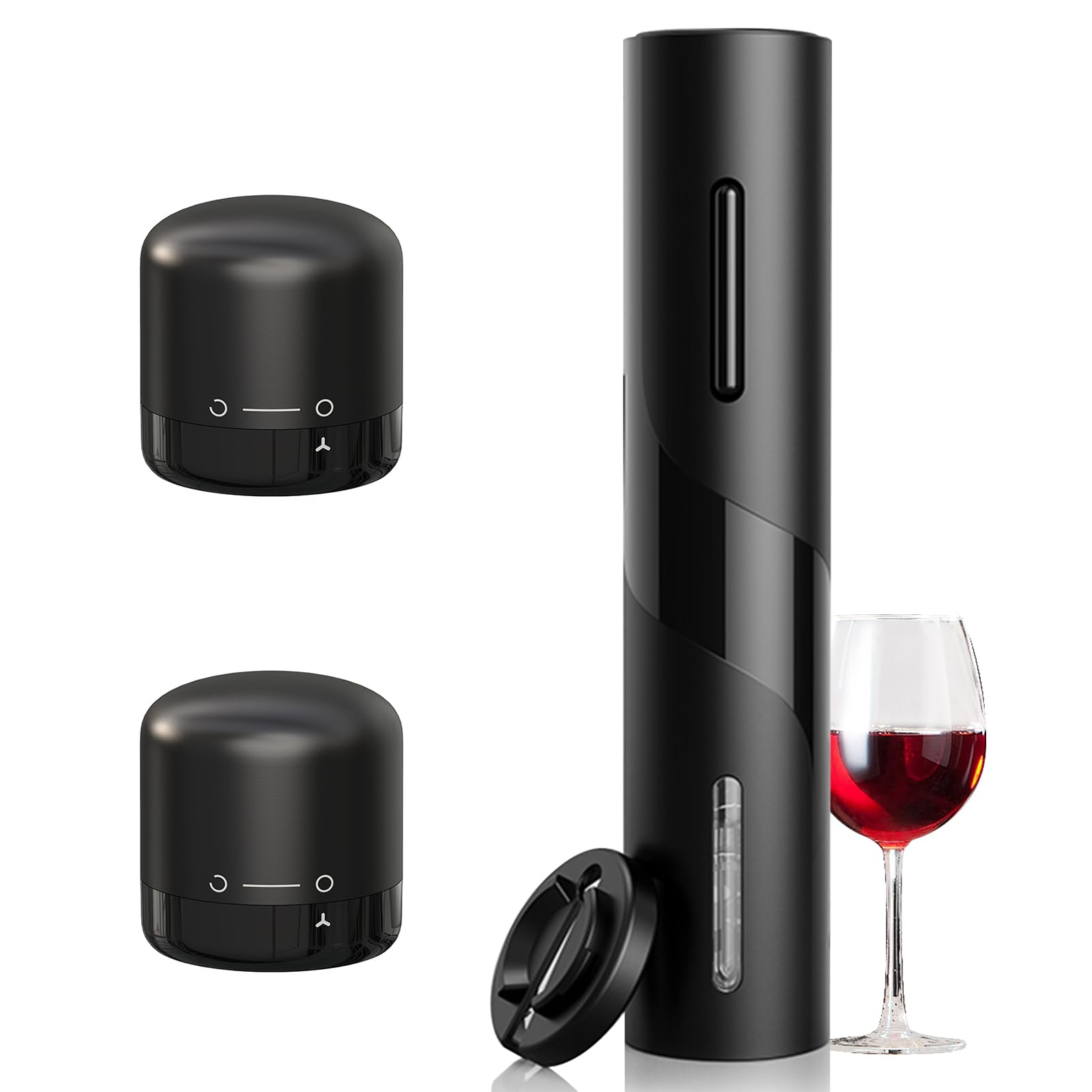 Premium Electric Wine Opener Set with Foil Cutter & 2 Wine Stoppers - Battery Powered Corkscrew for Wine Lovers - Perfect Gift for Parties, Weddings & Holidays (Black) - Effortless Wine Opening for Home Entertaining & Gifting