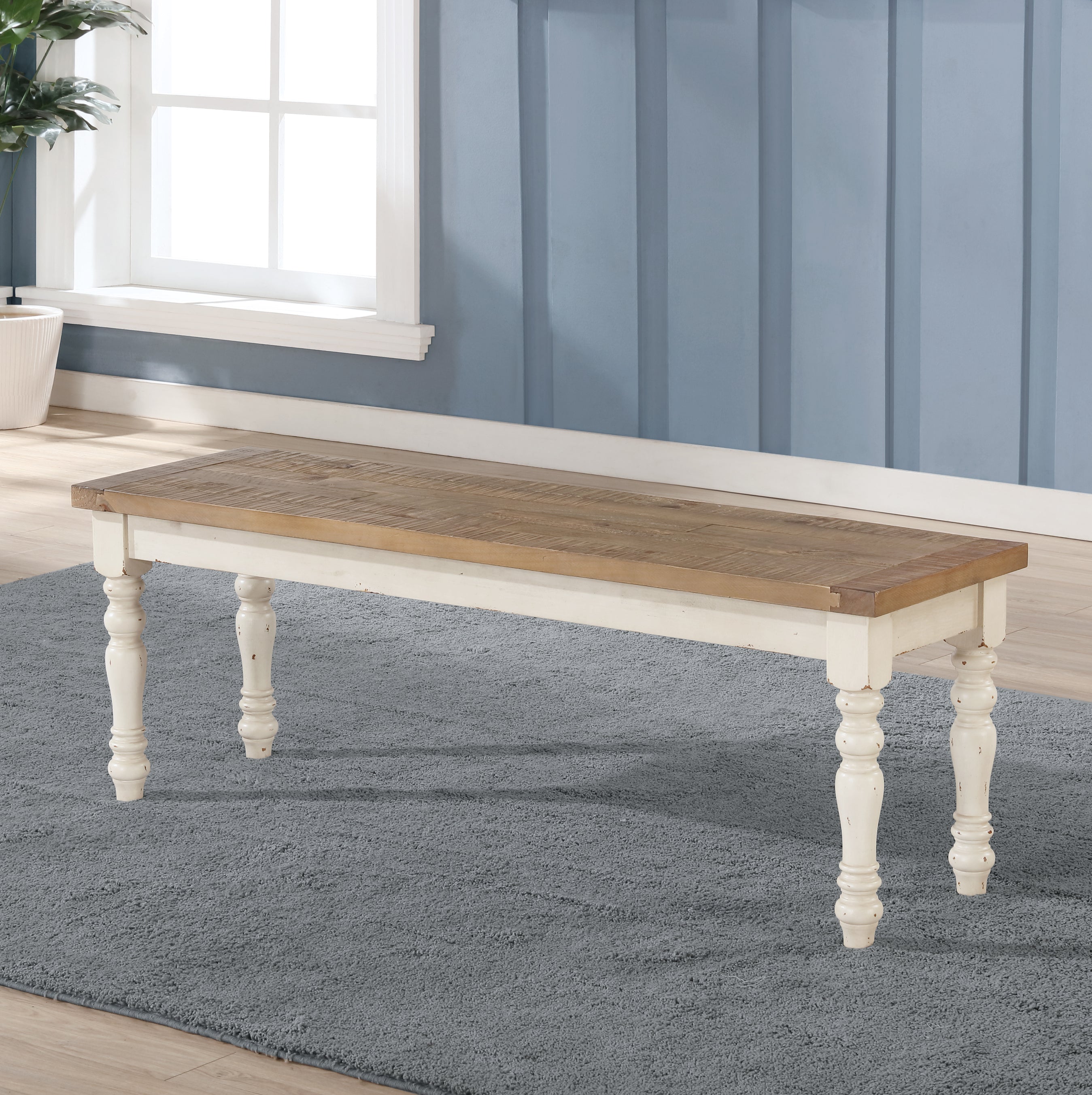 Roundhill Furniture Prato Two-Tone Wood Dining Bench - Antique White & Distressed Oak Finish - Perfect for Kitchen, Dining Room, and Farmhouse Style Decor