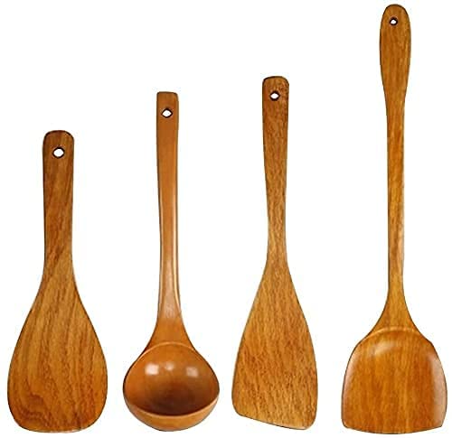 Premium 4-Piece Wooden Cooking Utensil Set - Smooth Soup Spoon, Spatula & Flatware for Non-Stick Cookware | Eco-Friendly Kitchen Tools for Cooking, Dining & Hanging Storage | Perfect for Soups, Rice Dishes & Everyday Meals