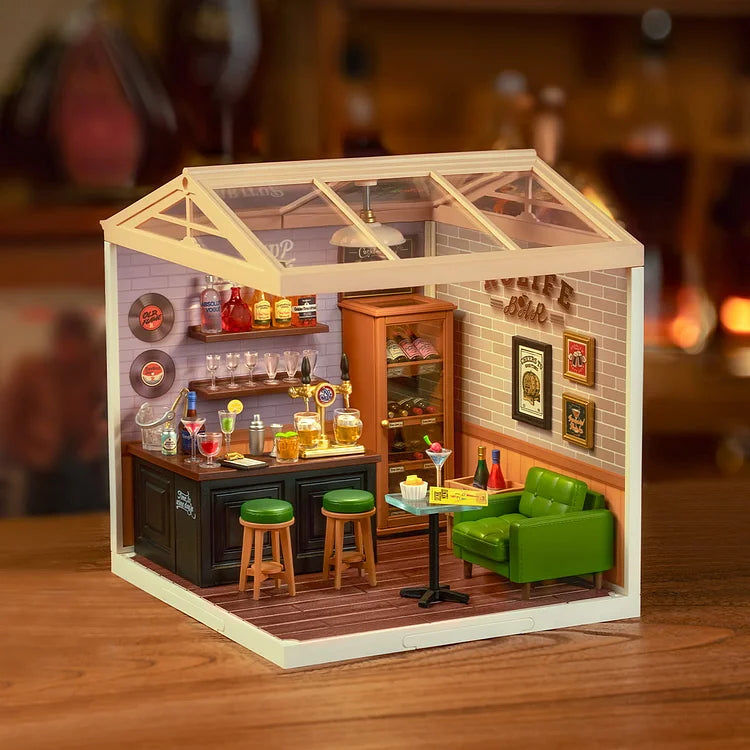 Rolife Leisurely Cheers Bar DIY Plastic Miniature House Kit - Mini Pub Model for Adults & Teens, Perfect for Home Decor, Gift Giving & Relaxing Hobby Projects