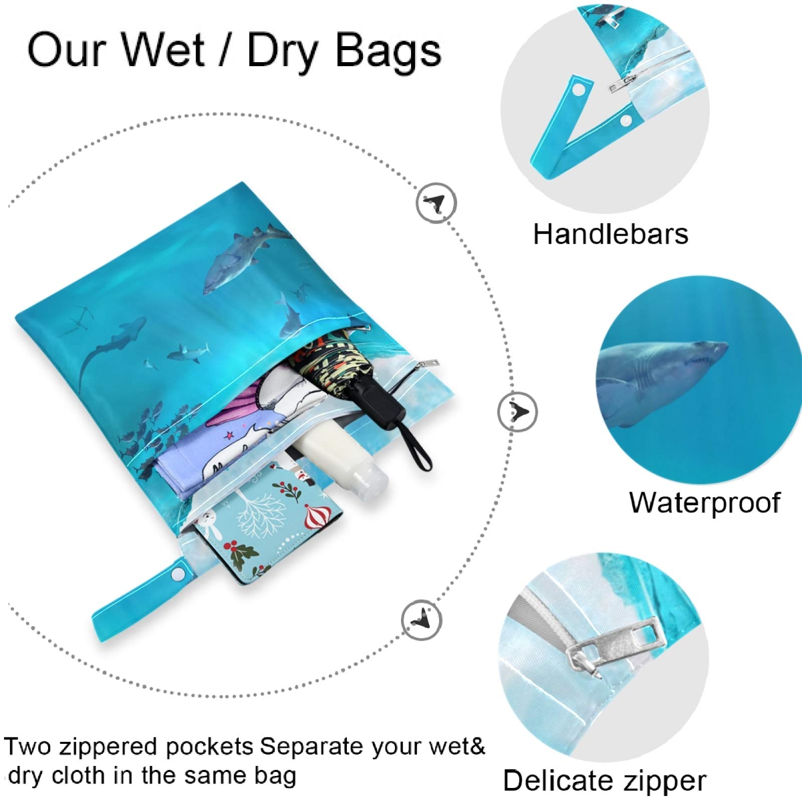 Visesunny Sea Shark 2-Pack Waterproof Wet Bags with Zipper Pockets - Reusable & Washable Storage for Swimsuits, Gym Clothes, Diapers & Toiletries - Perfect for Travel, Beach, Pool, Daycare & Stroller Organization