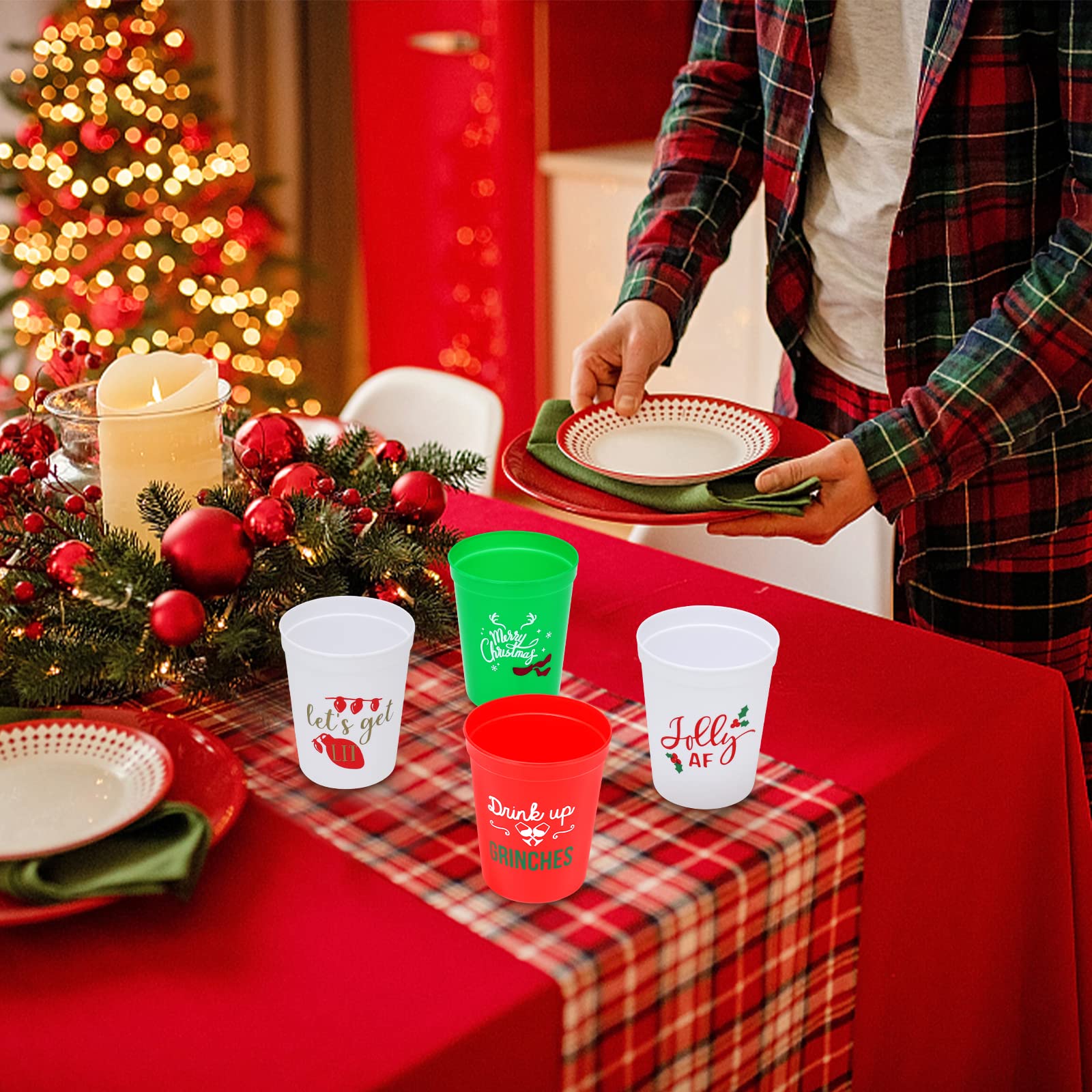 24 Pack Christmas Party Plastic Cups - 16oz Red & Green Holiday Stadium Cups with 4 Festive Drinking Pun Designs, Perfect for Christmas Party Supplies, Office Celebrations & Family Gatherings