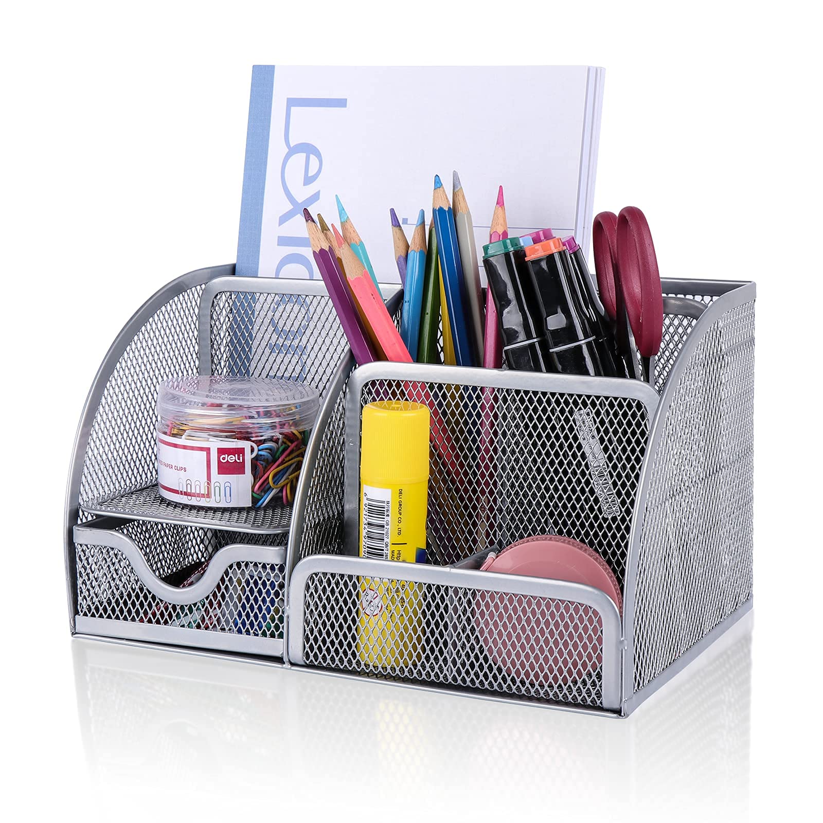 HOPECK Mesh Desk Organizer with 6 Compartments & Drawer - Multi-Functional Office Organizer for Home, School, Workshop & Kitchen - Perfect for Pens, Papers, Supplies & Utensils (Silver)