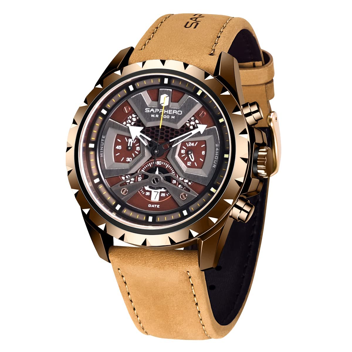 SAPPHERO Men's Waterproof Chronograph Watch - Luminous, Leather Strap - Perfect for Gifts & Outdoor Adventures