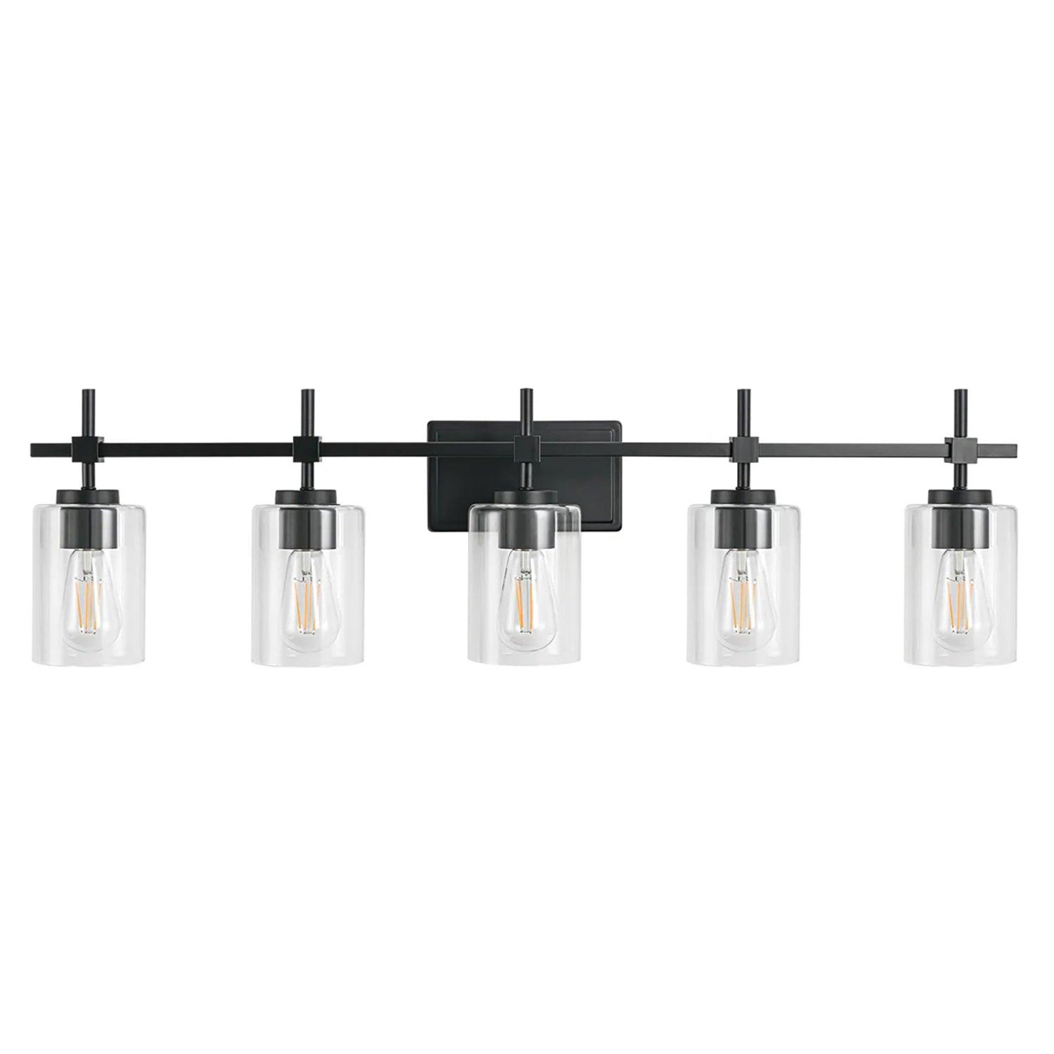 Jasper Modern 5-Light Bathroom Vanity Light Fixture - Brushed Nickel & Black with Clear Glass Shades - Perfect for Bathroom, Powder Room, and Dressing Room Lighting