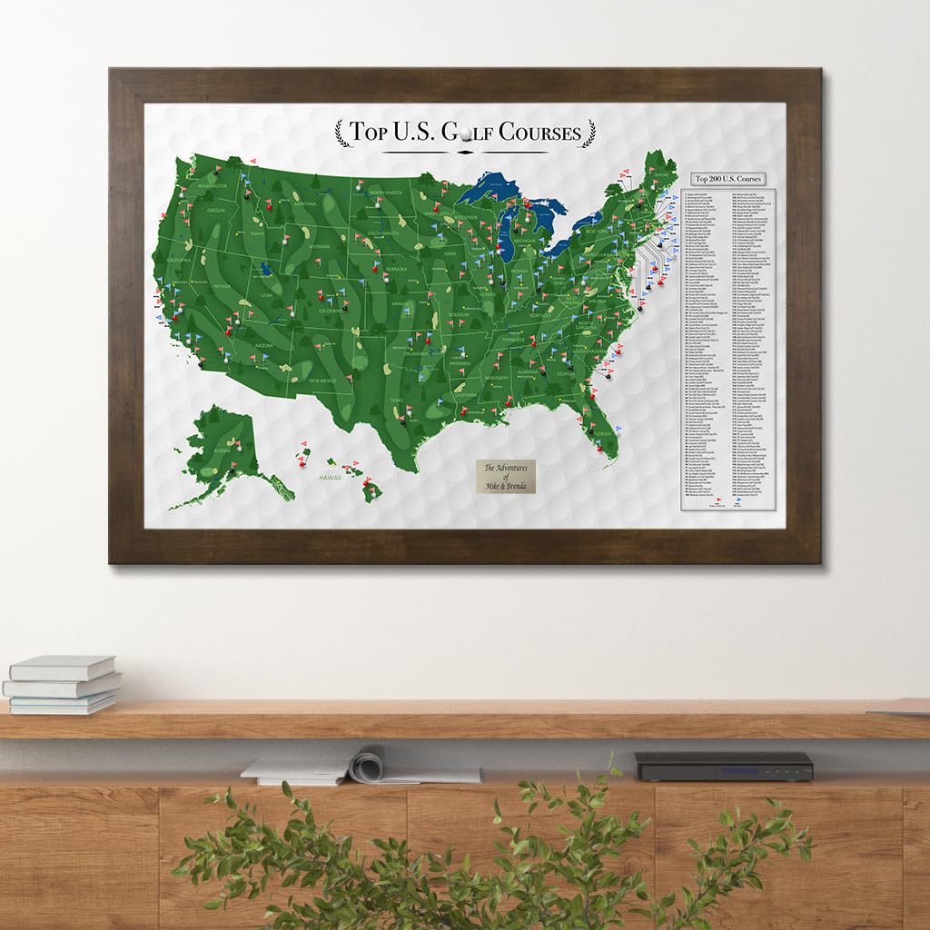 Custom Push Pin Travel Map of Top Golf Courses in USA - Rustic Brown Framed Wall Art with 150 Pins - Handmade in USA (27.5x39.5 inches) - Perfect for Golf Lovers & Home Office Decor