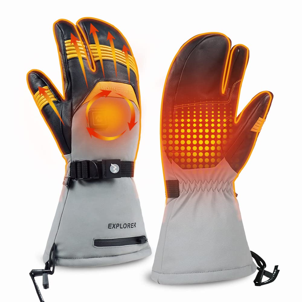 Explorer 5 Battery Heated Gloves for Men & Women - Premium Goatskin 3-Finger Ski Mittens for Skiing, Mountaineering & Winter Sports - Stay Warm in Extreme Cold Weather