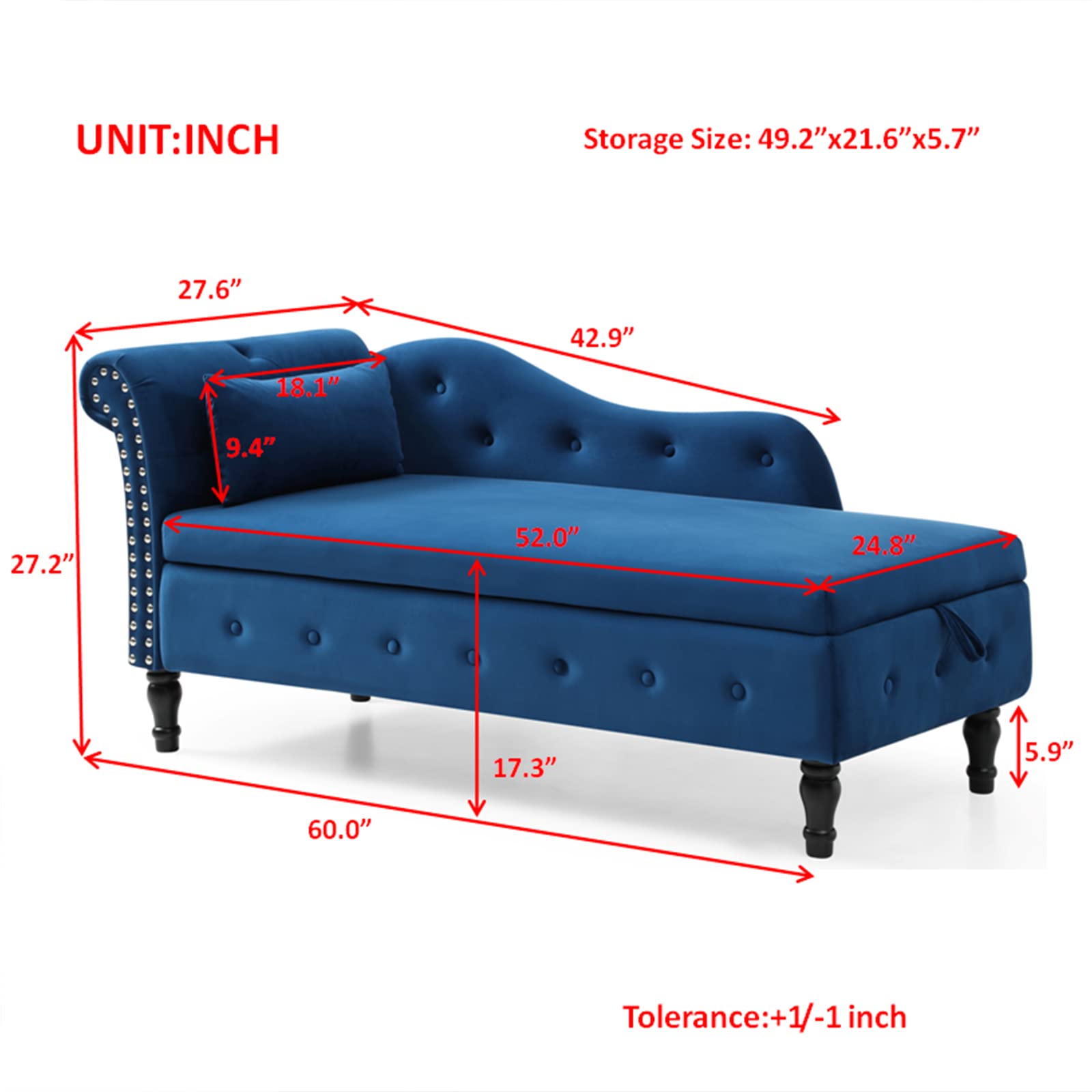Velvet Chaise Lounge Chair with Storage & Pillow - Modern Upholstered Rolled Arm Sofa Bed with Nailhead Trim for Living Room, Bedroom & Office (Blue) | Perfect for Relaxing, Reading & Napping in Style