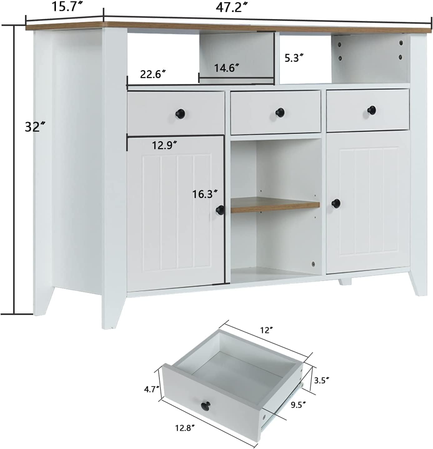 Farmhouse Coffee Bar Cabinet with Storage - 47 Inch White Buffet Cabinet with 3 Drawers, 2 Doors & Open Shelf - Kitchen Coffee Station for Living Room, Dining Room - Perfect for Entertaining Guests & Organizing Coffee Essentials