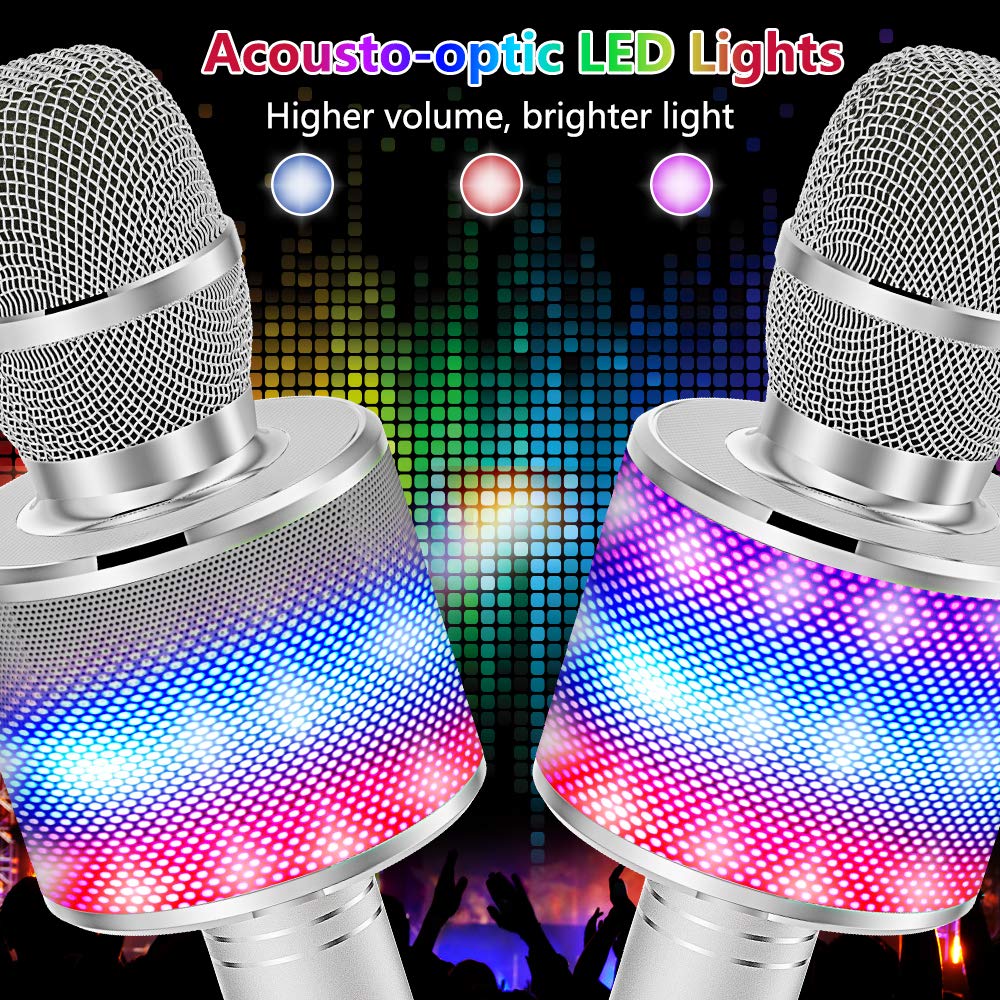Amazmic Kids Karaoke Microphone - Bluetooth Wireless Portable Singing Machine with LED Lights, Microphone Toy for Children & Adults - Perfect for Birthday Parties, Home KTV, Travel & Family Fun (Silver)