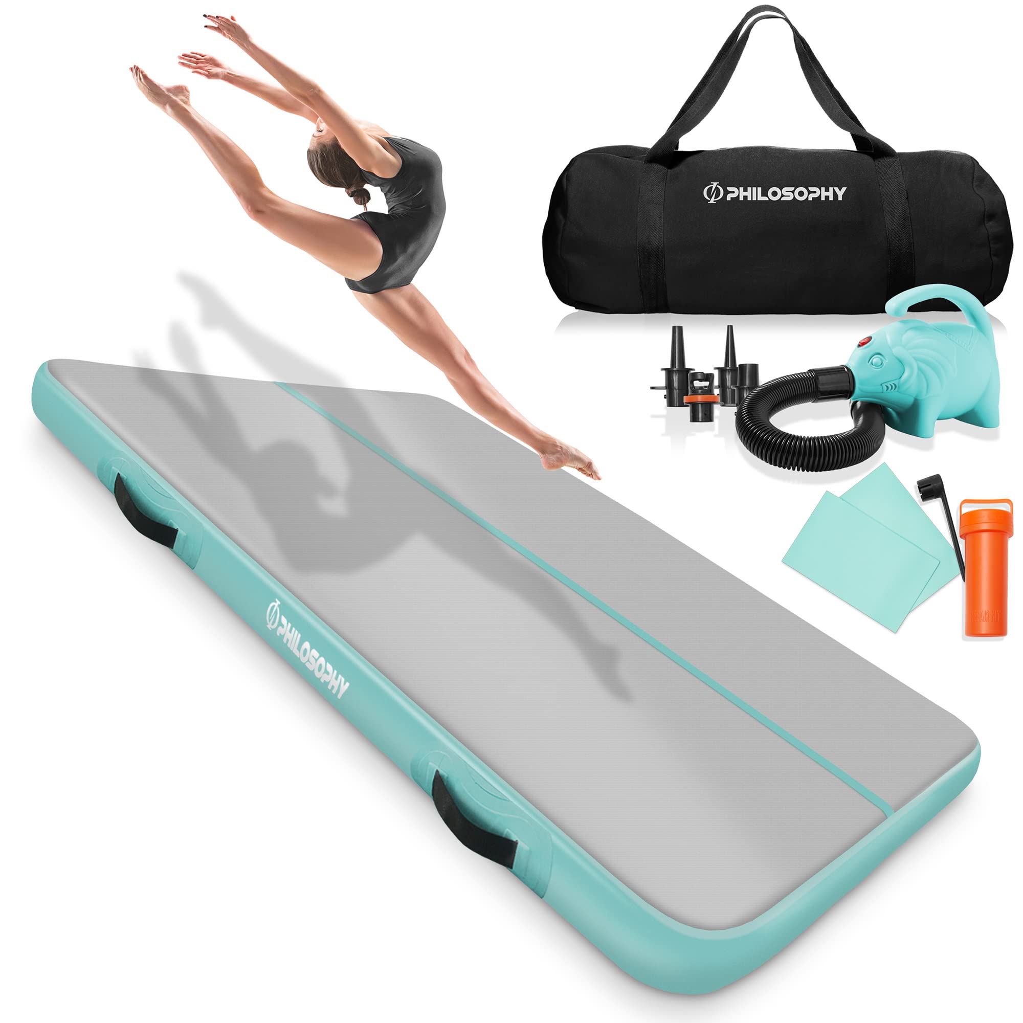Philosophy Gym Air Tumble Mat - Premium Inflatable Gymnastics Track with Electric Pump for Home Training, Kids Play & Indoor Exercise | Perfect for Gymnasts, Cheerleading Practice & Fitness Enthusiasts