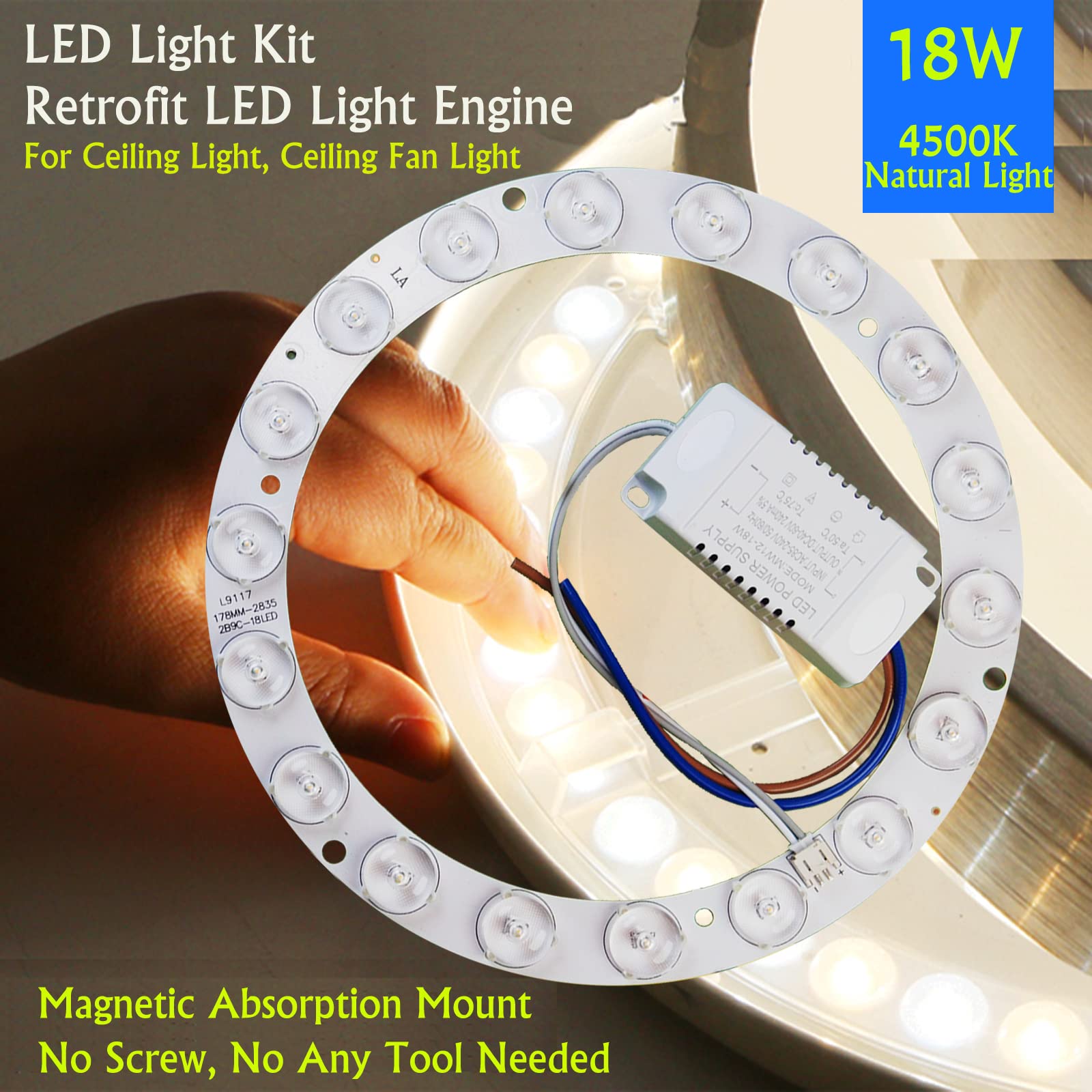 18W LED Ring Circle Light Panel Replacement Kit for Flush Mount Ceiling Fan Light - Retrofit LED Light Engine, 4500K Natural White - Perfect for Bedroom, Living Room & Kitchen Lighting Upgrade