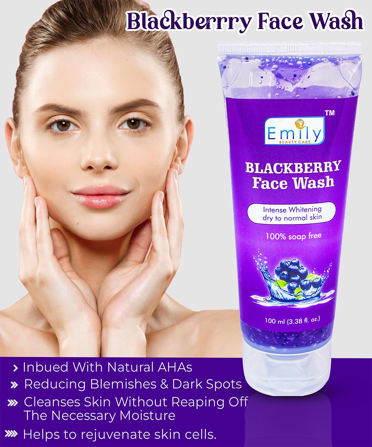Emily Intense Whitening Blueberry Face Wash with Natural Blueberry Extracts - Brightening & Cleansing Facial Cleanser for Men & Women (100ml) | Perfect for Daily Skincare Routine & Acne-Prone Skin