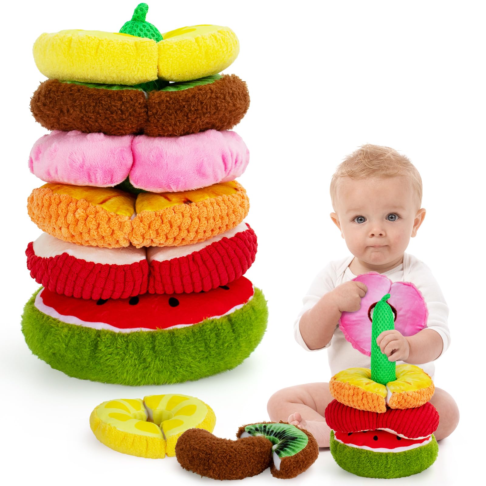 Beetoy Baby Stacking Toys - Sensory Fruit Toys for Toddlers with Different Textures, Crinkle & Squeakers | Preschool Learning Activities, Classroom Must-Haves | Perfect for Early Childhood Development & Montessori Play