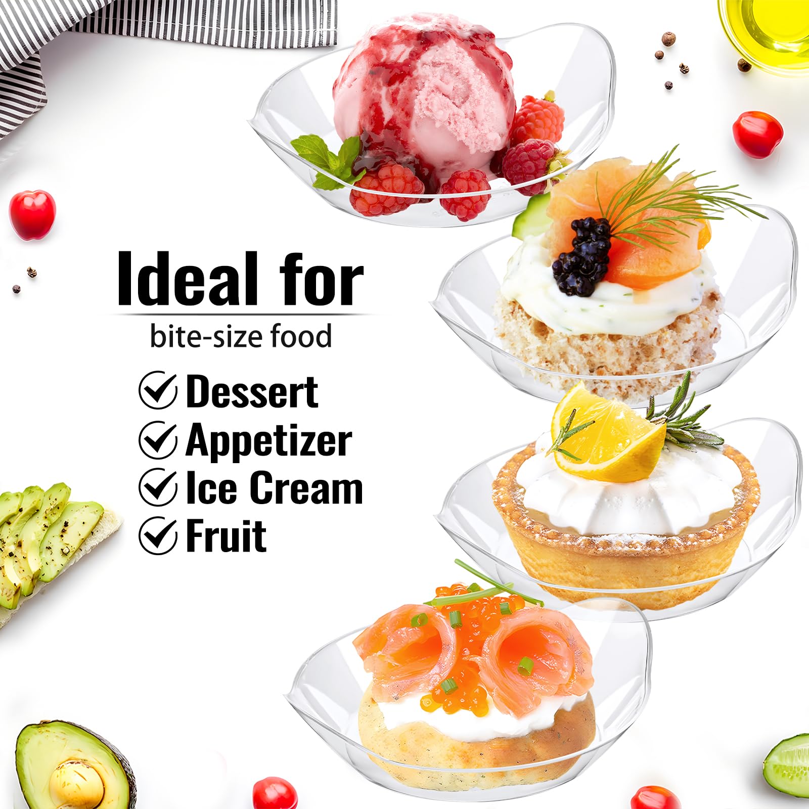 Kucoele 100 Pack Mini Clear Plastic Dessert Plates with Spoons - Disposable Small Serving Trays for Appetizers, Fruits, Cakes & Party Snacks - Perfect for Birthday Celebrations, Wedding Receptions & Cocktail Events