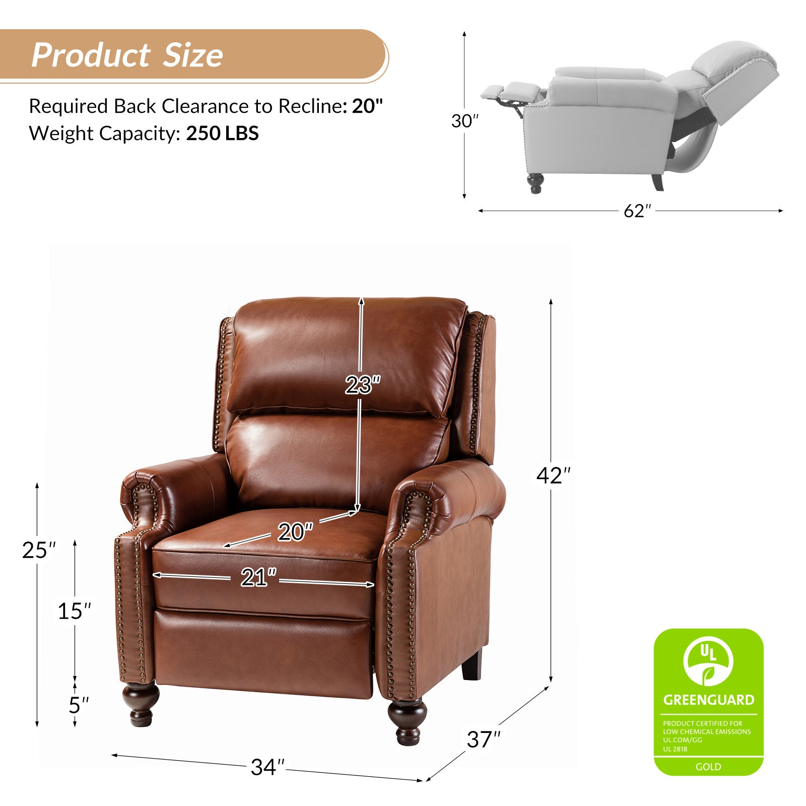 Mid Century Modern Genuine Leather Recliner Chair - Consuela Handcrafted Lounge Chair for Living Room, Office & Home Theater