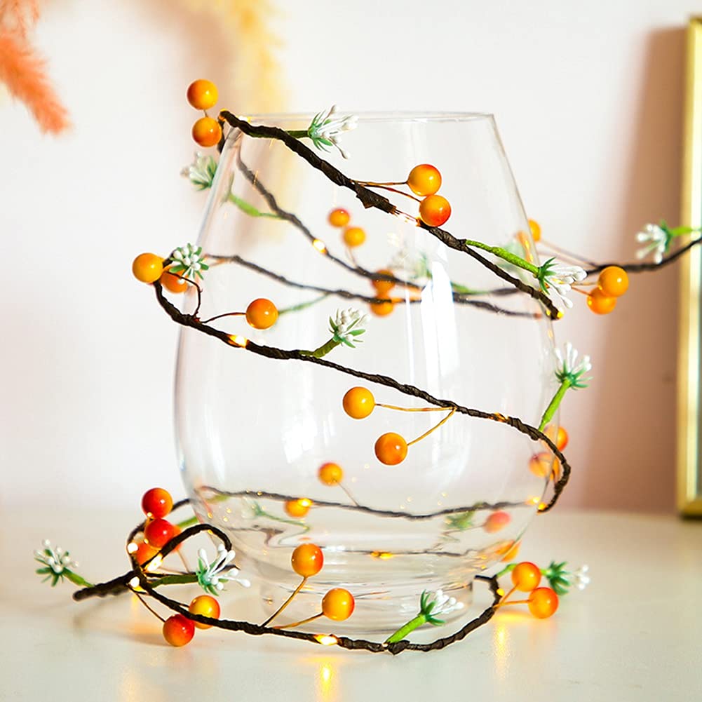 20 LED Christmas Garland with Lights - 6.56FT Orange Berry Vine String Lights Battery Operated - Artificial Xmas Berries Decor for Indoor Outdoor Winter Holiday, New Year, Party & Wedding Decorations