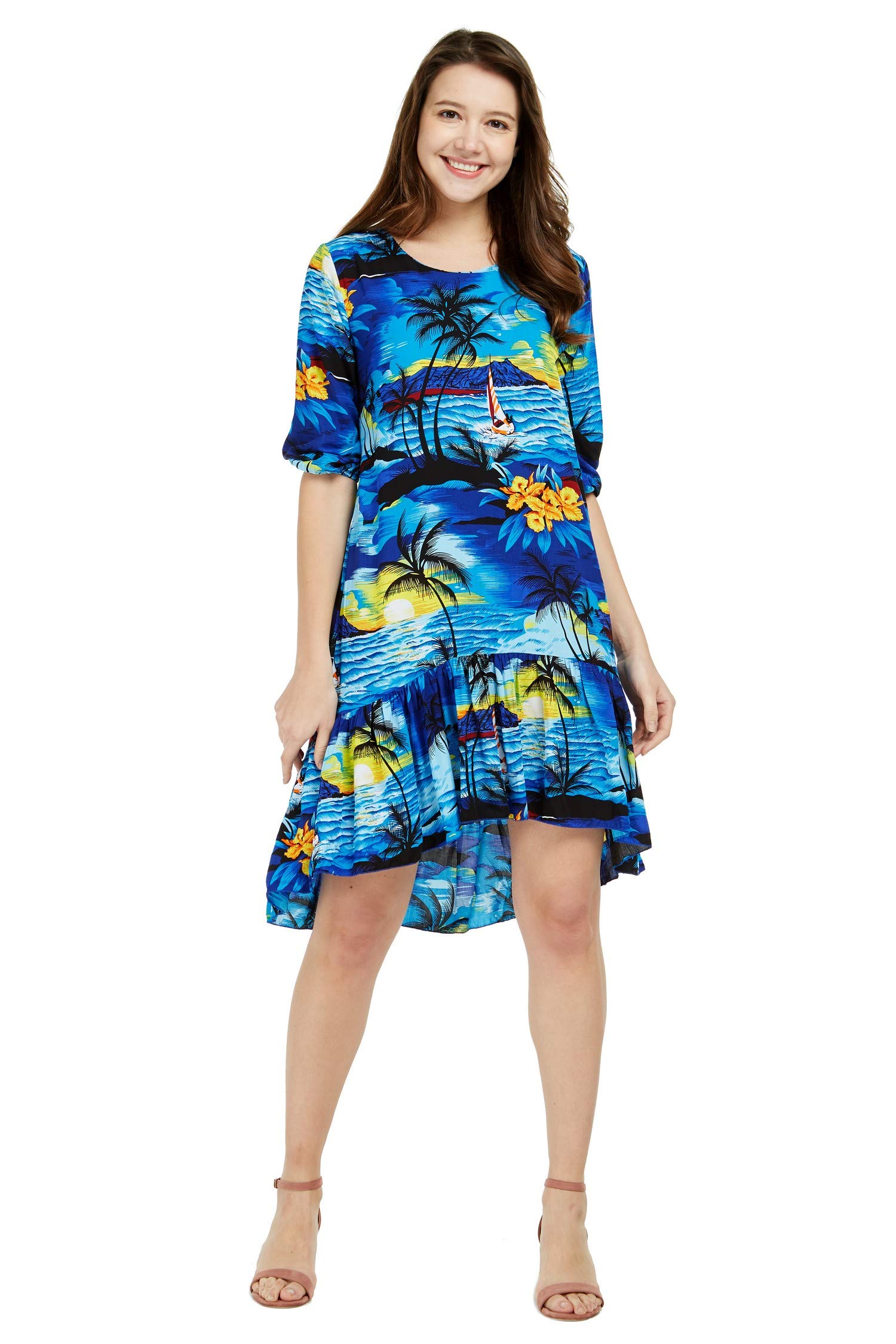 **Matching Hawaiian Luau Shirt & 3/4 Sleeve Ruffle Dress Set for Couples - Sunset Blue - Tropical Beach Vacation Outfit for Date Night & Summer Parties**