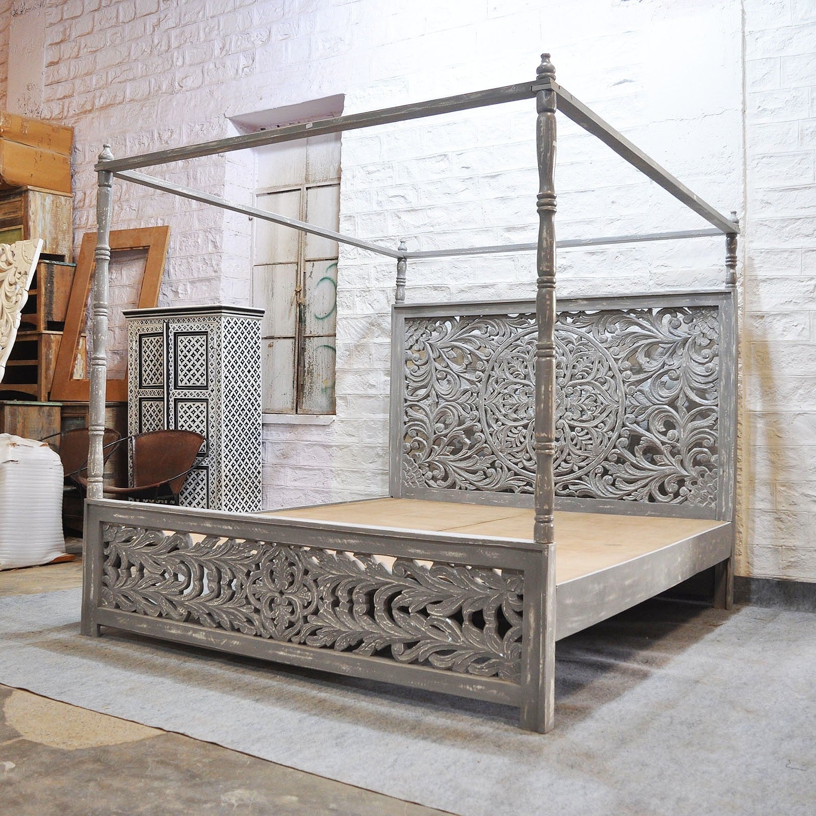 Hand Carved Indian Wooden 4 Poster Bed Frame - Grey Finish | Solid Wood King Size Bed with Canopy | Perfect for Master Bedroom, Boho Chic Decor & Luxury Bedroom Design