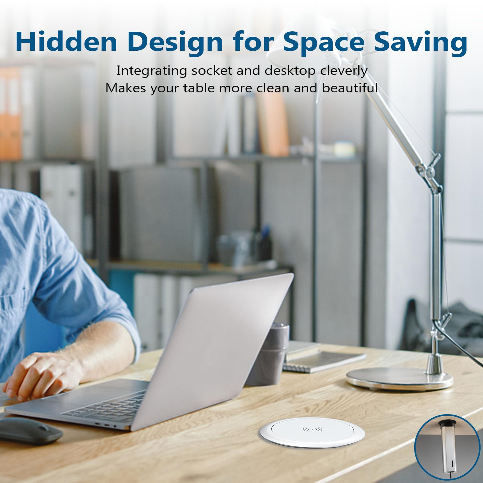 BTU Pop Up Outlet for Countertop - 4 AC Outlets & USB C Power Strip with 10W Wireless Charger | Recessed Power Socket for Kitchen, Conference Room & Office Workspace