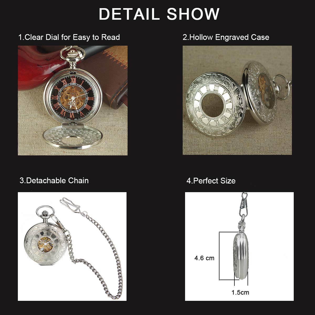 Antique Mechanical Pocket Watch - Retro Hand-Wind Steampunk Watch with Chain for Vintage Style & Gifts