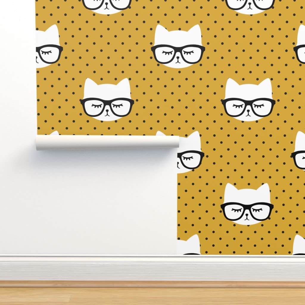 Premium Commercial Grade Wallpaper - 27ft x 2ft Mustard Gold Polka Dot Cat Pattern | Trendy & Cute Design for Girls Room, Nursery, or Home Decor | Peel & Stick Traditional Wallpaper by Spoonflower