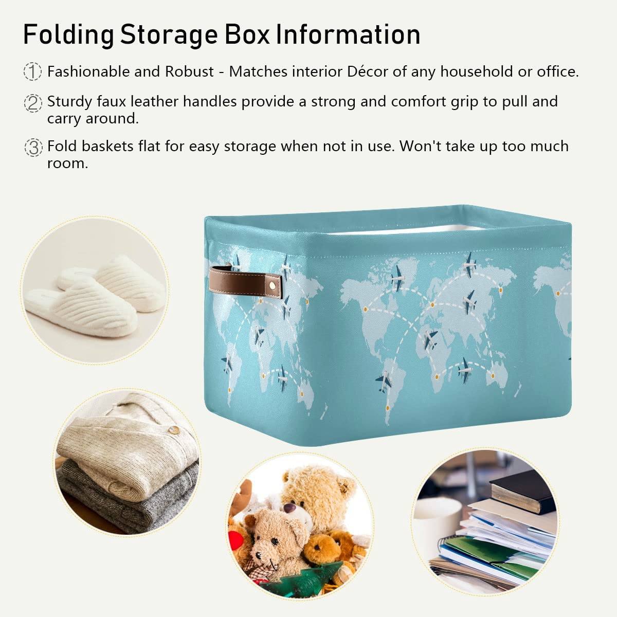Foldable Storage Bins Cube Basket - World Map Airplanes Design Closet Shelf Organizer with Dual Handles - Perfect for Bedroom, Closet, Office & Kids Room Organization