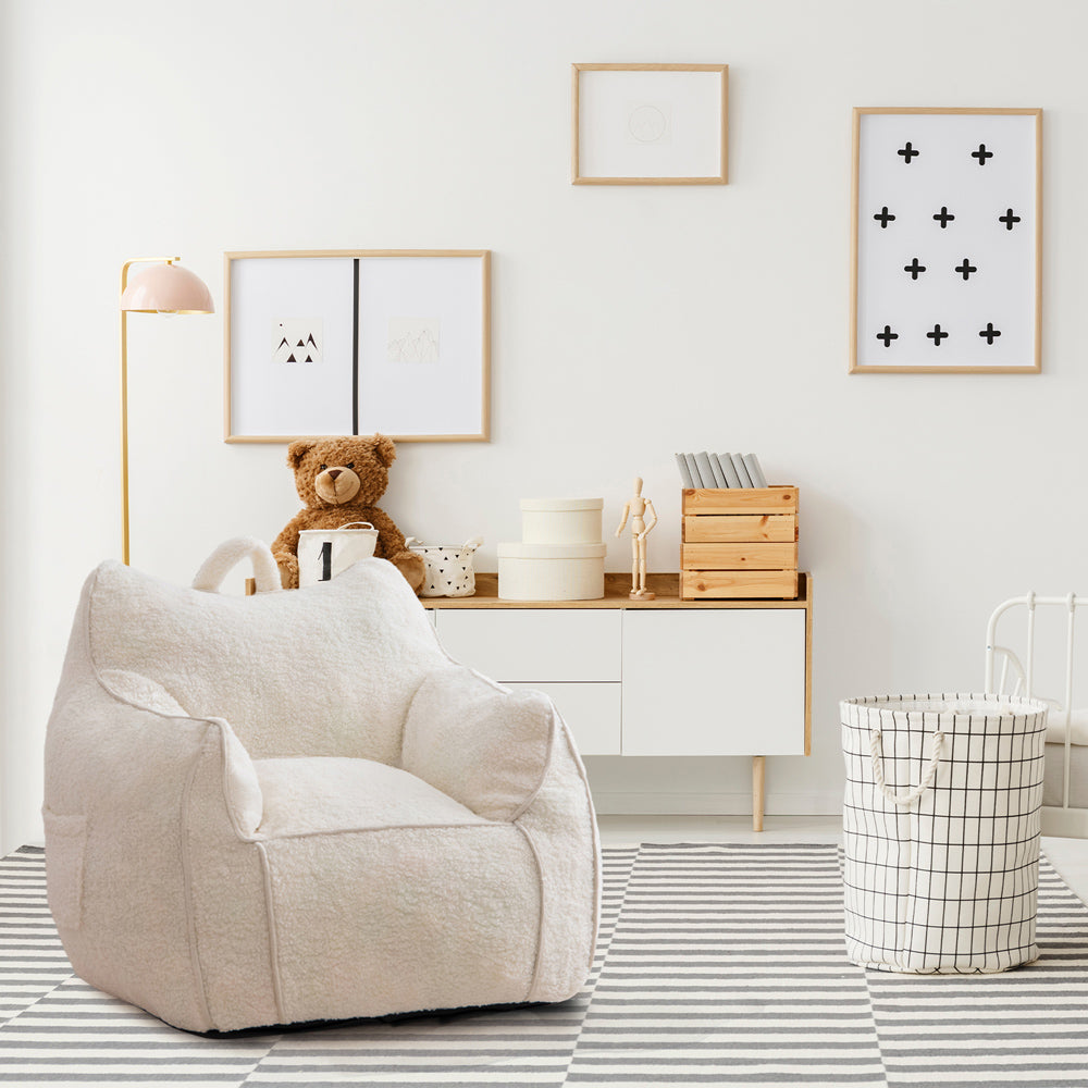MAXYOYO Kids Sherpa Bean Bag Chair & Couch - Soft Plush Children's Room Furniture with Decorative Edges (White) - Perfect for Reading Nooks, Playrooms & Bedroom Relaxation
