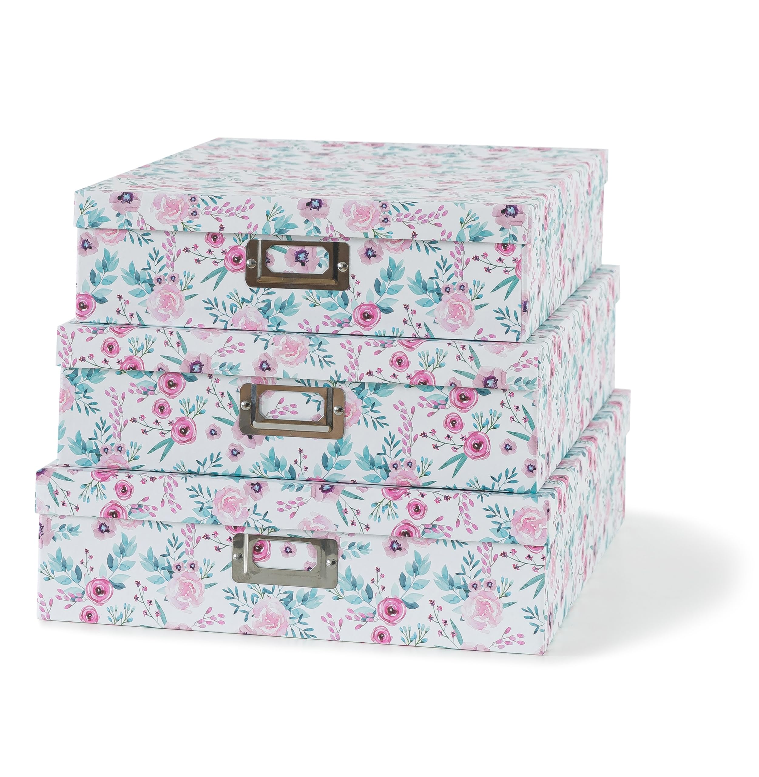 Soul & Lane Floral Decorative Storage Boxes with Lids - Set of 3 Pretty Nesting Cardboard Organizer Boxes for Photos, Documents, Scrapbooks, Keepsakes & Memories | Perfect for Home Office, Bedroom Decor & Memory Keeping