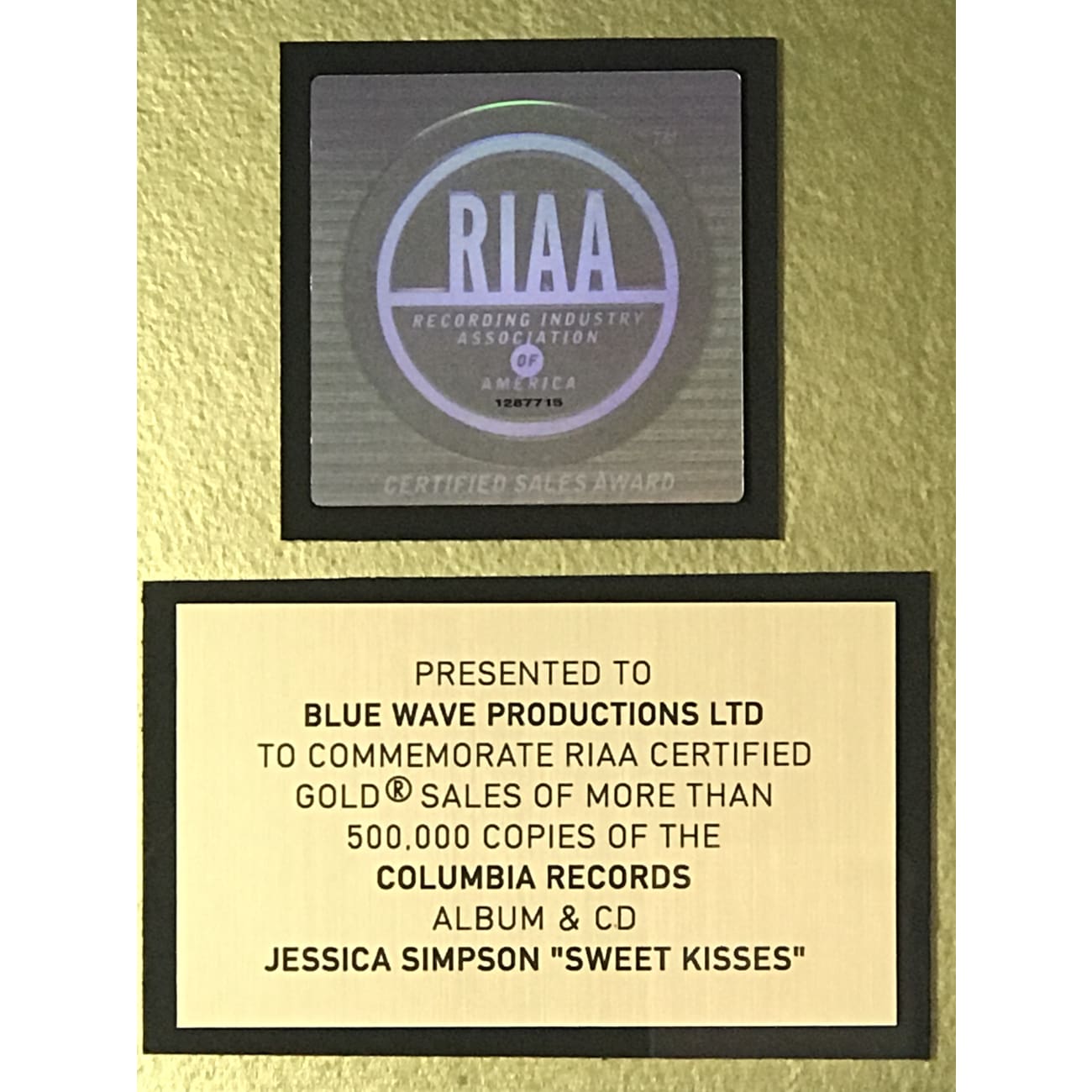 Jessica Simpson Sweet Kisses RIAA Gold Album Award - Certified Music Memorabilia for Collectors & Fans - Perfect for Display in Home, Office, or Music Studio